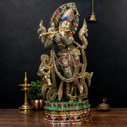 Brass Krishna Statue with Cow on Base 3 Feet by StatueStudio by vendor-unknown - Hindu Gods (View 3)