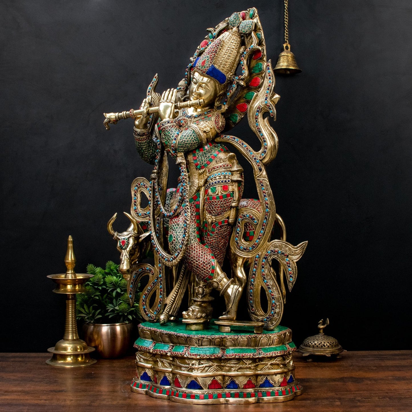 Brass Krishna Statue with Cow on Base 3 Feet by StatueStudio