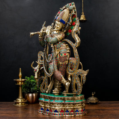 Brass Krishna Statue with Cow on Base 3 Feet by StatueStudio by vendor-unknown - Hindu Gods (View 4)