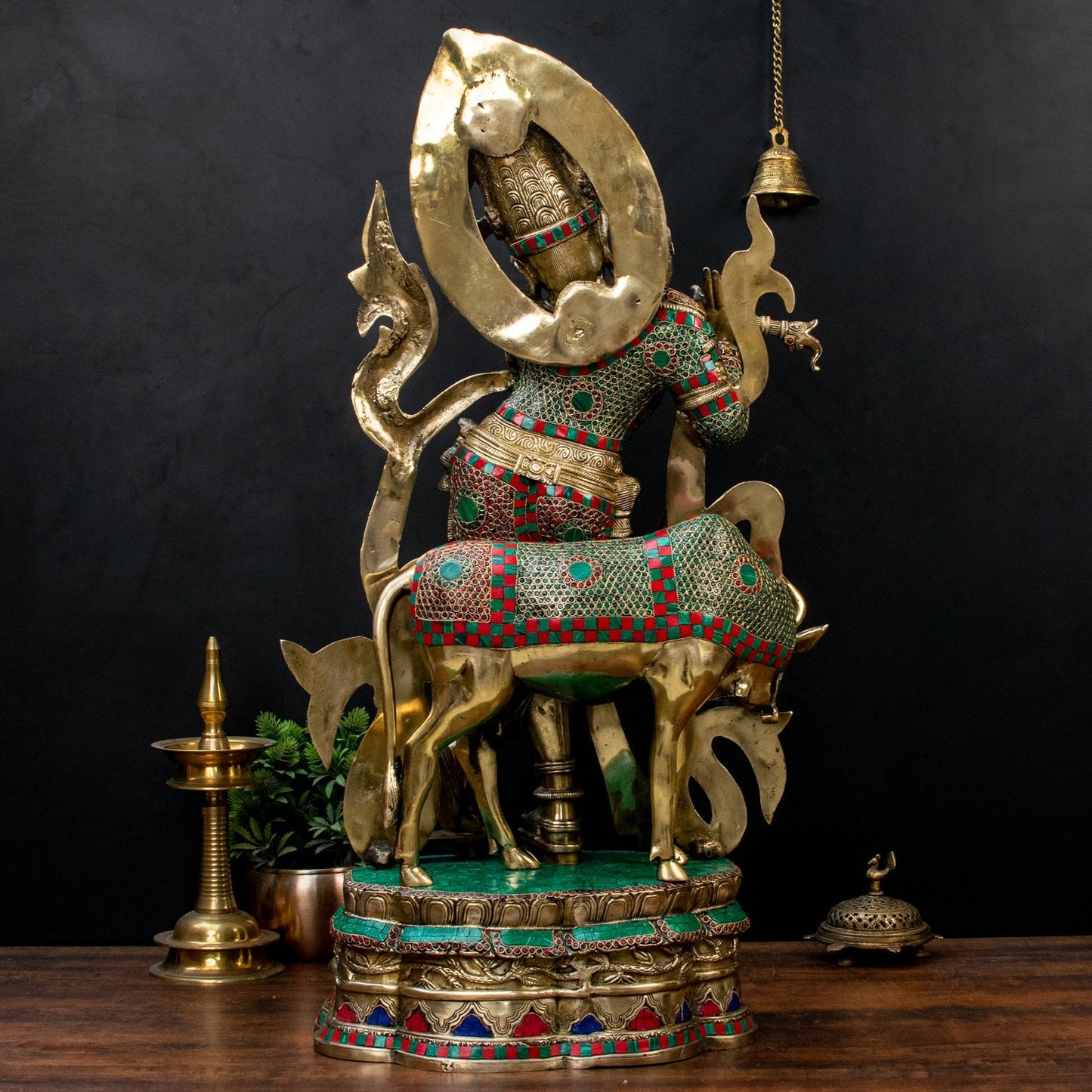 Brass Krishna Statue with Cow on Base 3 Feet by StatueStudio