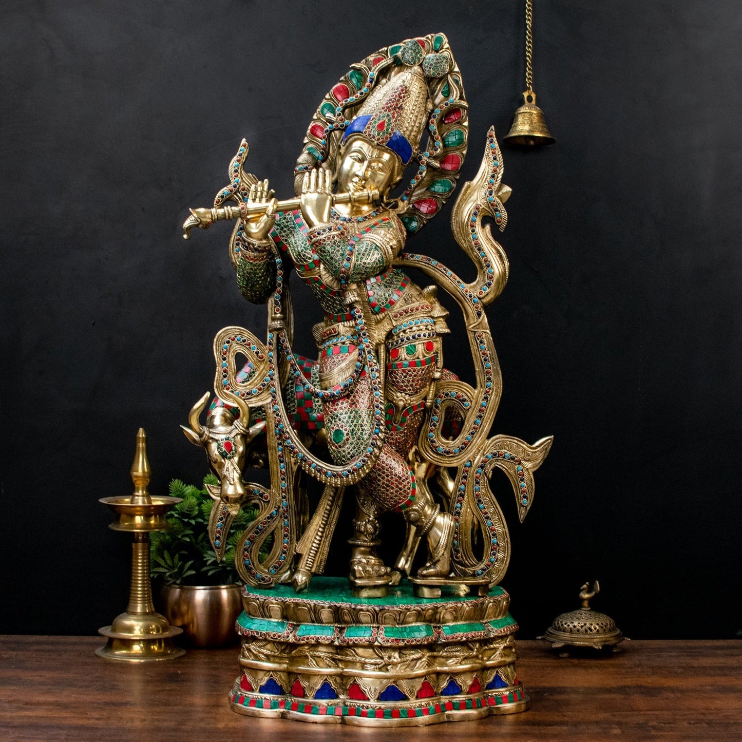 Brass Krishna Statue with Cow on Base 3 Feet by StatueStudio