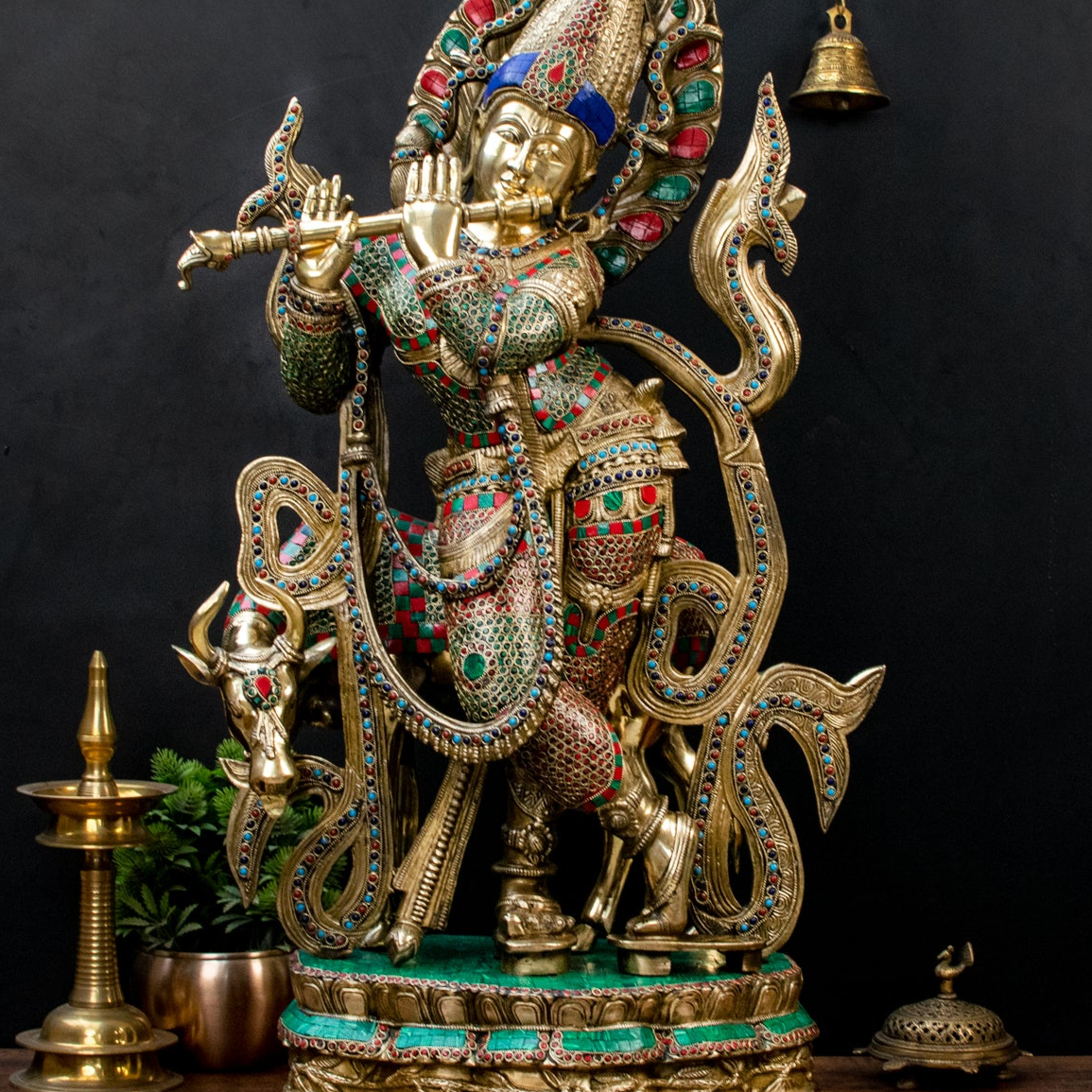 Brass Krishna Statue with Cow on Base 3 Feet by StatueStudio