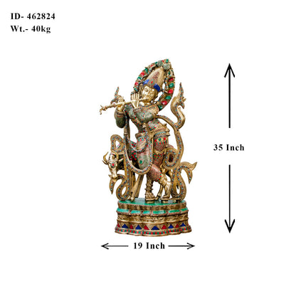 Brass Krishna Statue with Cow on Base 3 Feet by StatueStudio by vendor-unknown - Hindu Gods (View 7)