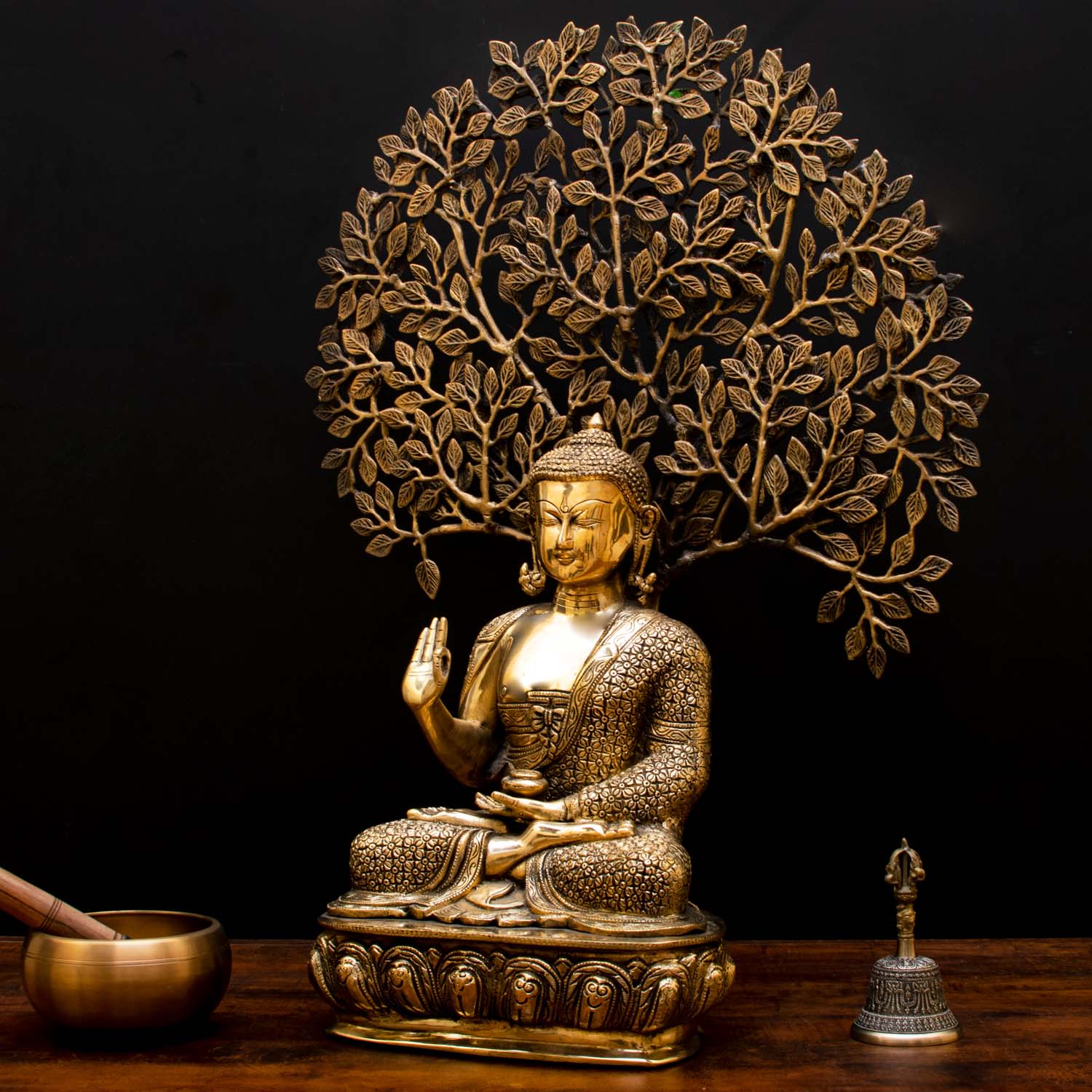 Brass Buddha Statue With Tree Showpiece For Home Decor 2 Feet - Image 3