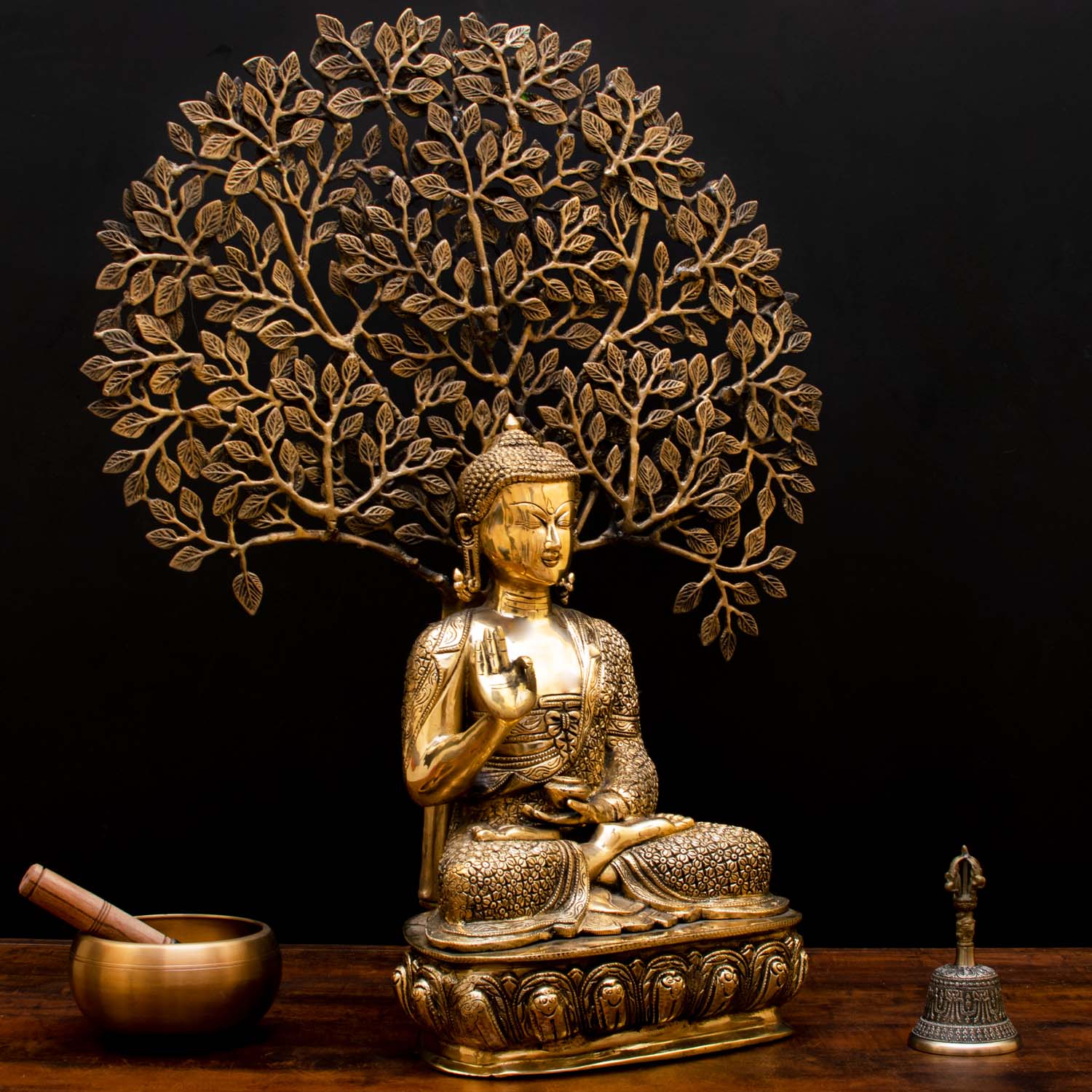 Brass Buddha Statue With Tree Showpiece For Home Decor 2 Feet - Image 4