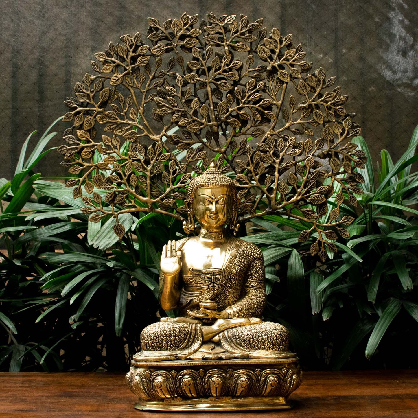 Brass Buddha Statue With Tree Showpiece For Home Decor 2 Feet