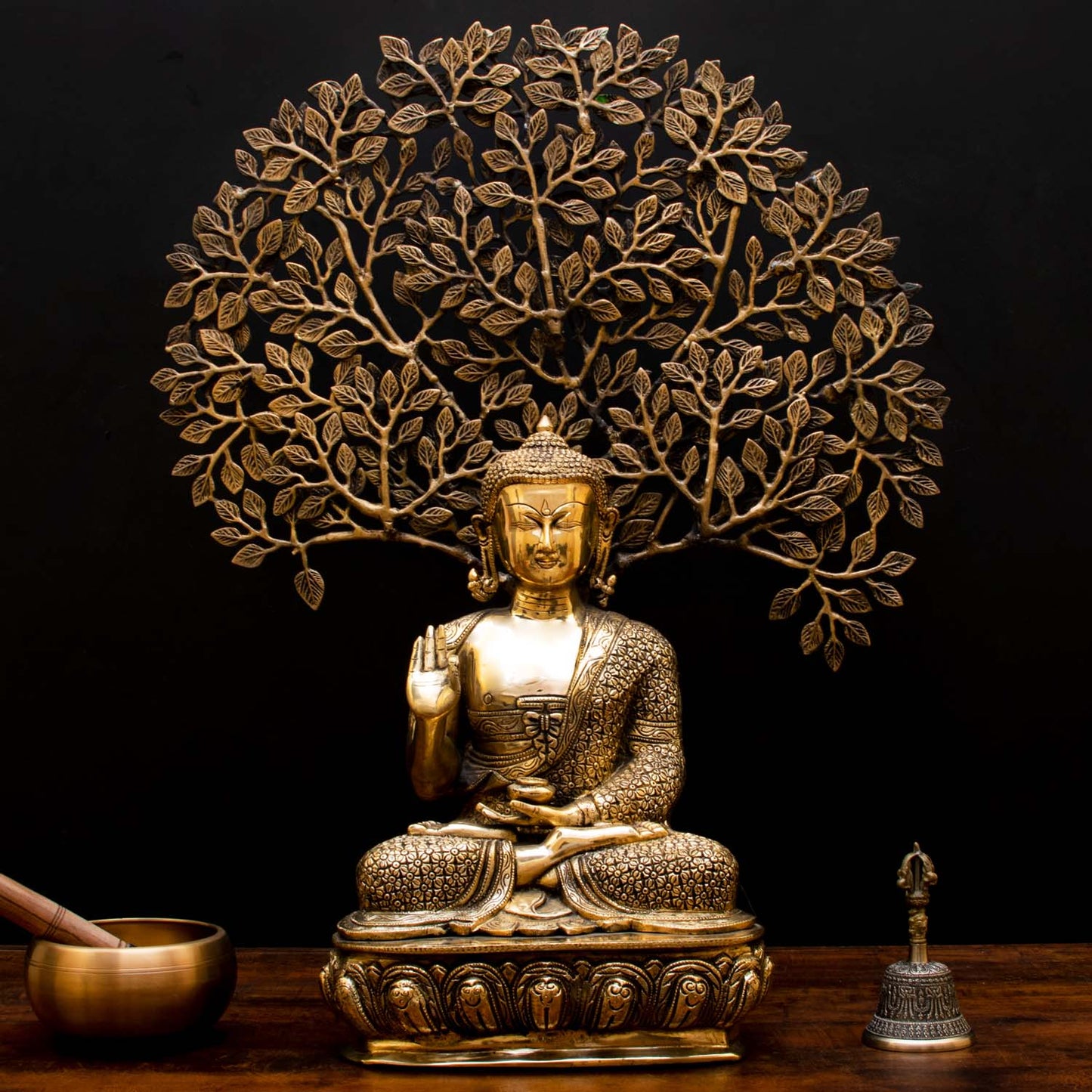 Brass Buddha Statue With Tree Showpiece For Home Decor 2 Feet