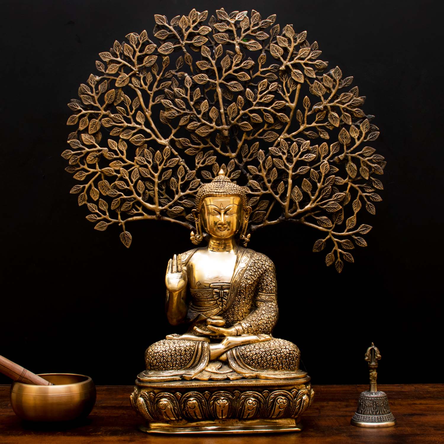 Brass Buddha Statue With Tree Showpiece For Home Decor 2 Feet - Eco-friendly - Sama Homes