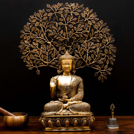 Brass Buddha Statue With Tree Showpiece For Home Decor 2 Feet