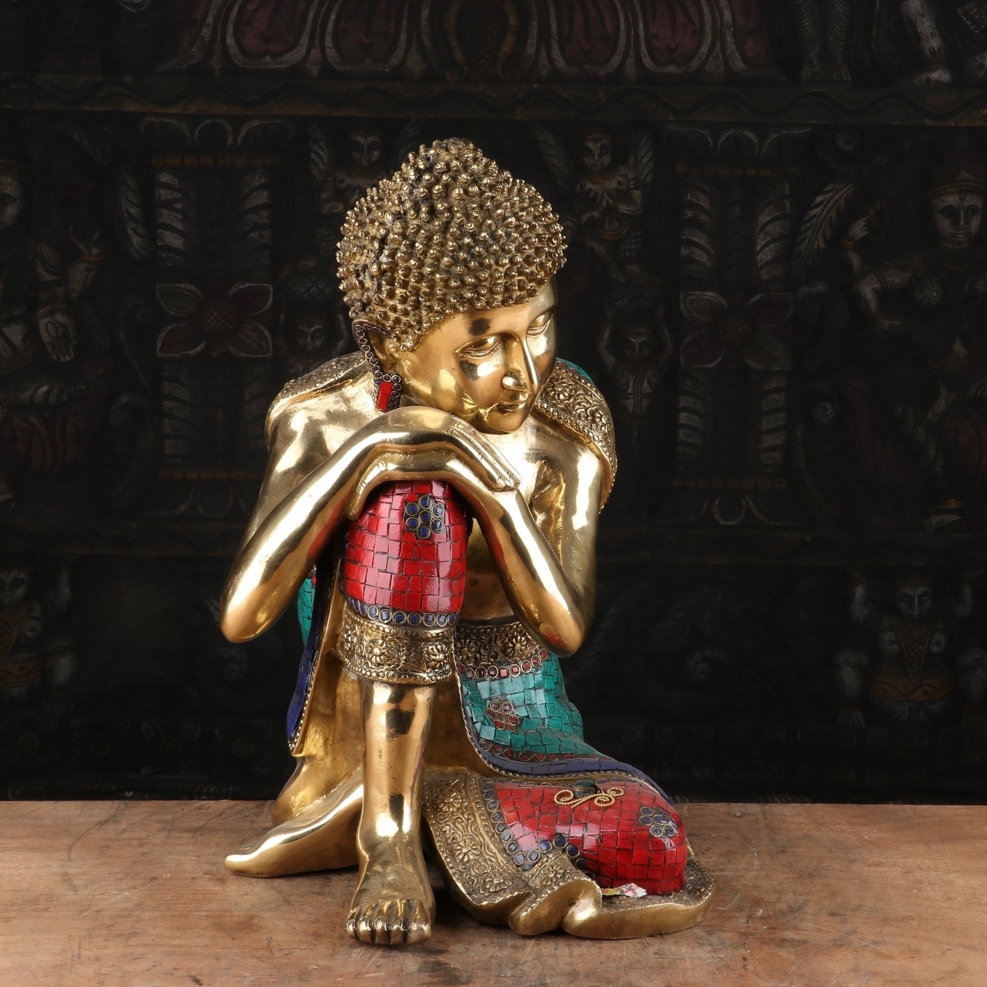 Brass Resting Buddha Idol on Knees Multi Stone Work For Home Decor 16" - Image 2
