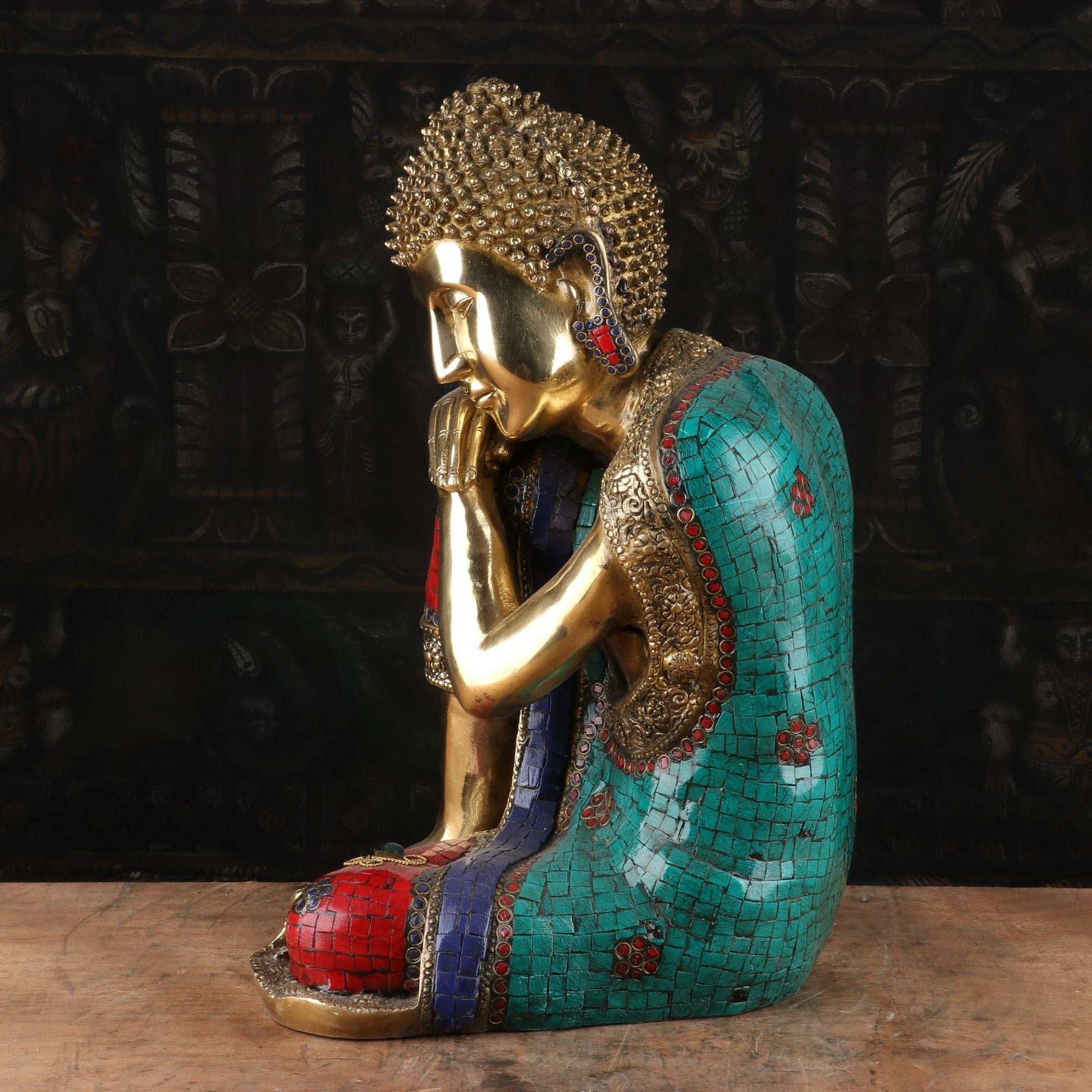 Brass Resting Buddha Idol on Knees Multi Stone Work For Home Decor 16" - Image 3