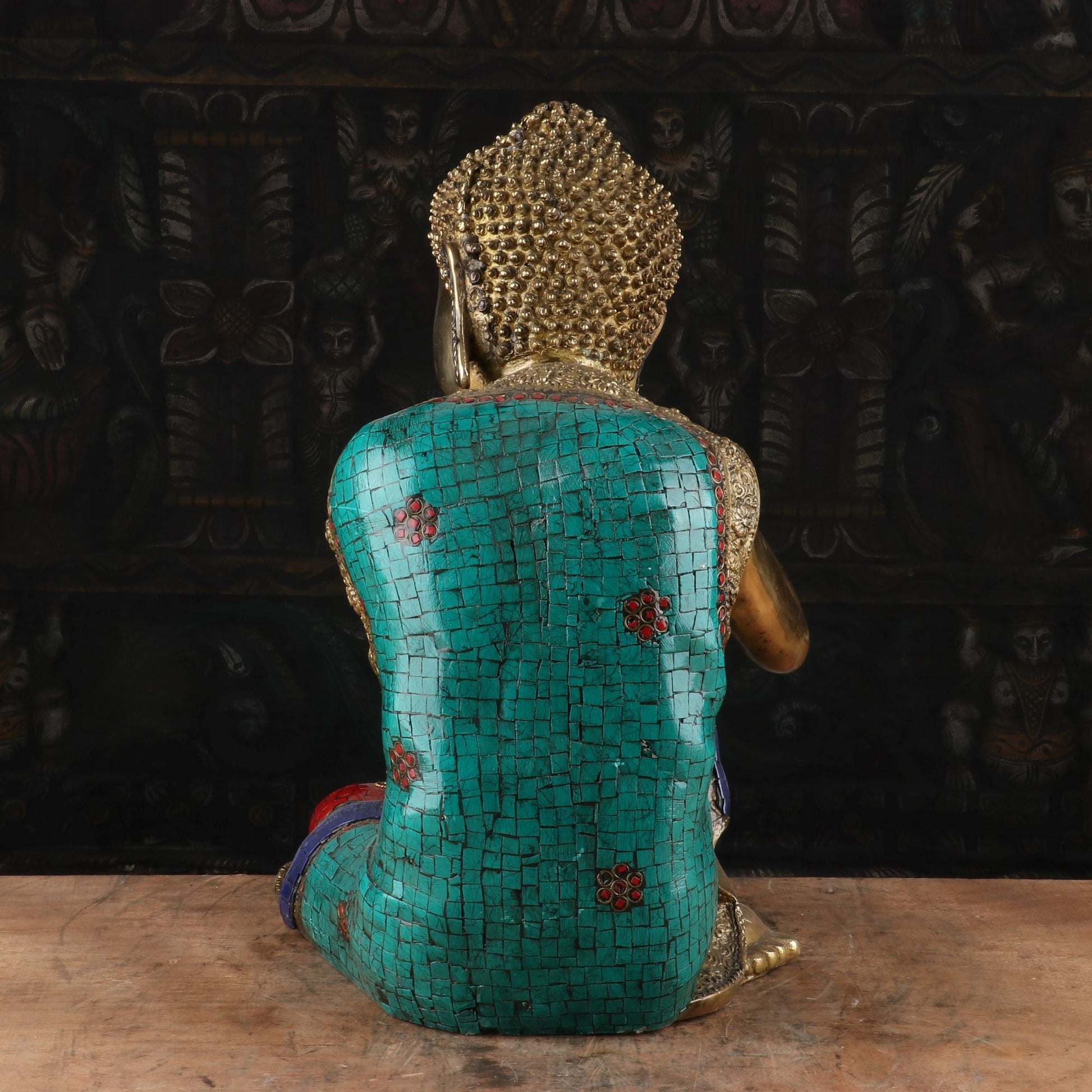 Brass Resting Buddha Idol on Knees Multi Stone Work For Home Decor 16" - Image 4