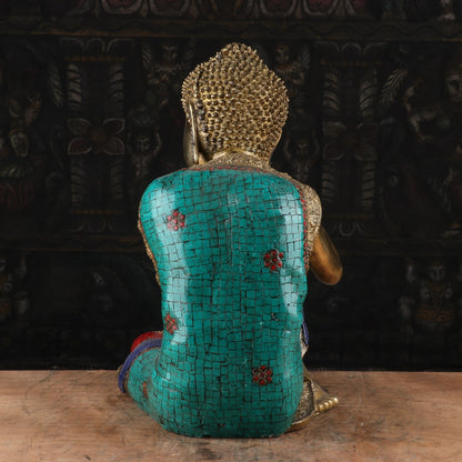 Brass Resting Buddha Idol on Knees Multi Stone Work For Home Decor 16" by vendor-unknown - Buddha (View 4)