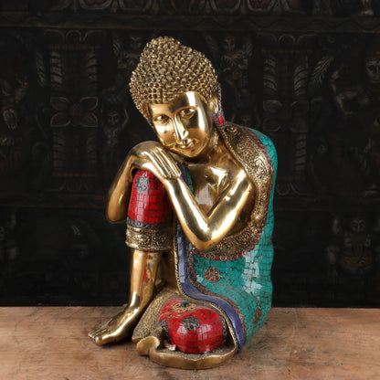 Brass Resting Buddha Idol on Knees Multi Stone Work For Home Decor 16" by vendor-unknown - Buddha (View 5)