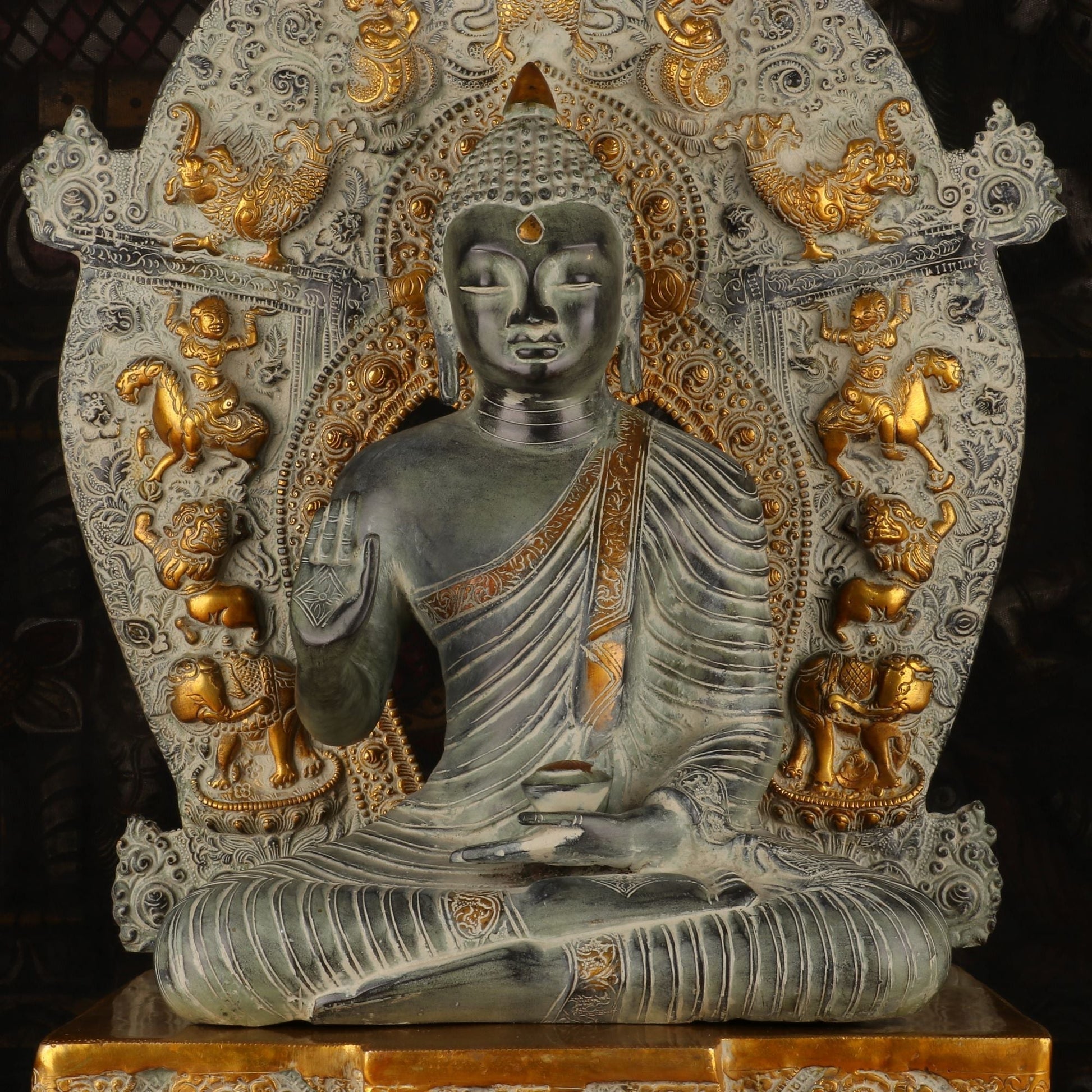 Brass Large Buddha Statue With Base And Frame Antique Finish For Decor 2 Feet - Image 5