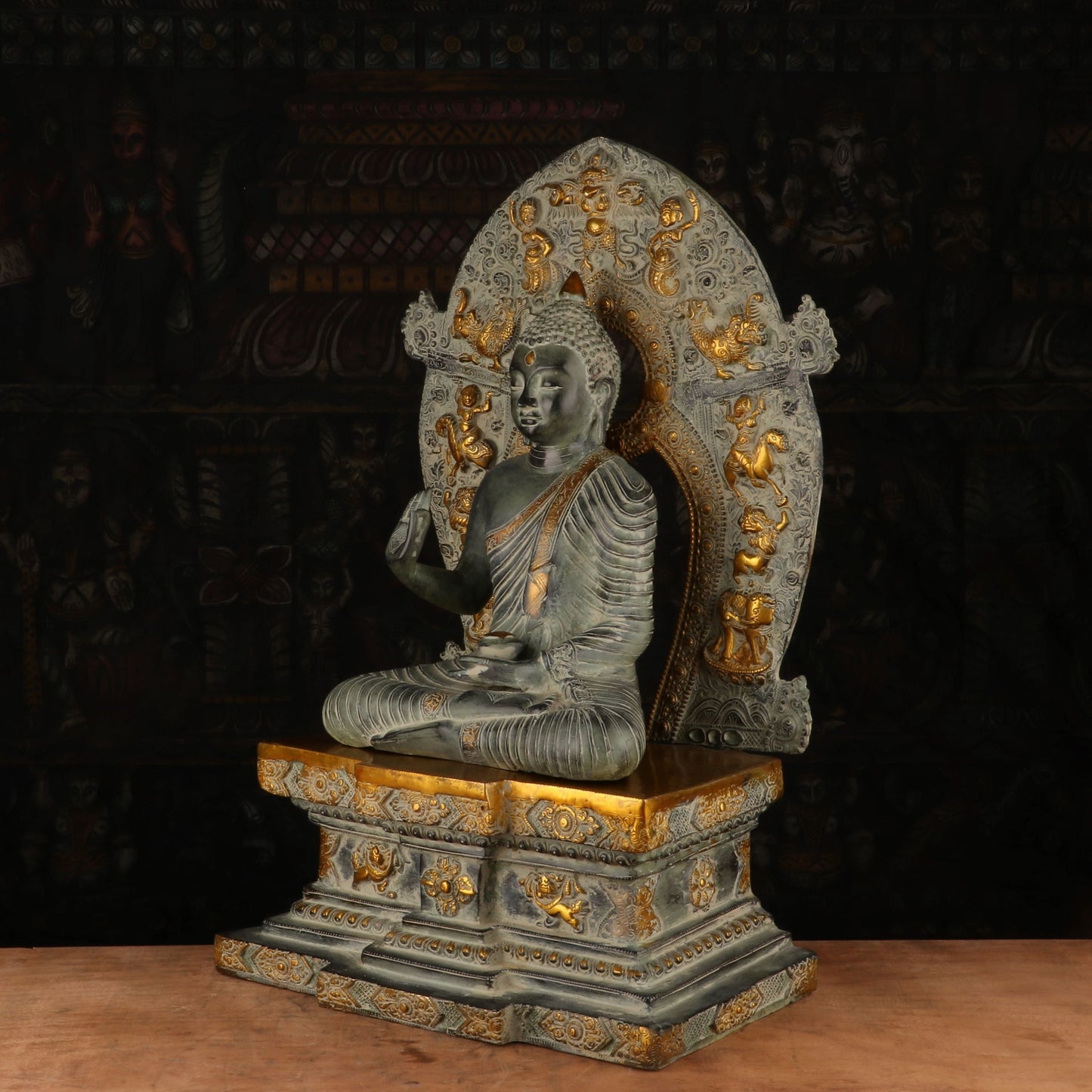 Brass Large Buddha Statue With Base And Frame Antique Finish For Decor 2 Feet
