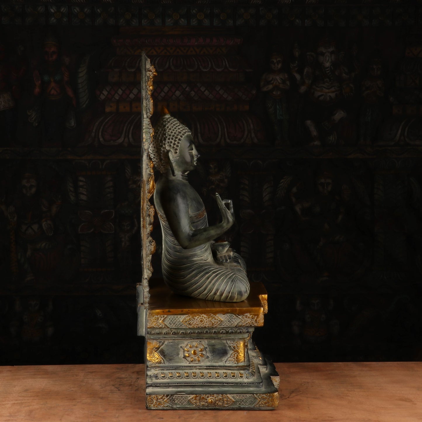 Brass Large Buddha Statue With Base And Frame Antique Finish For Decor 2 Feet