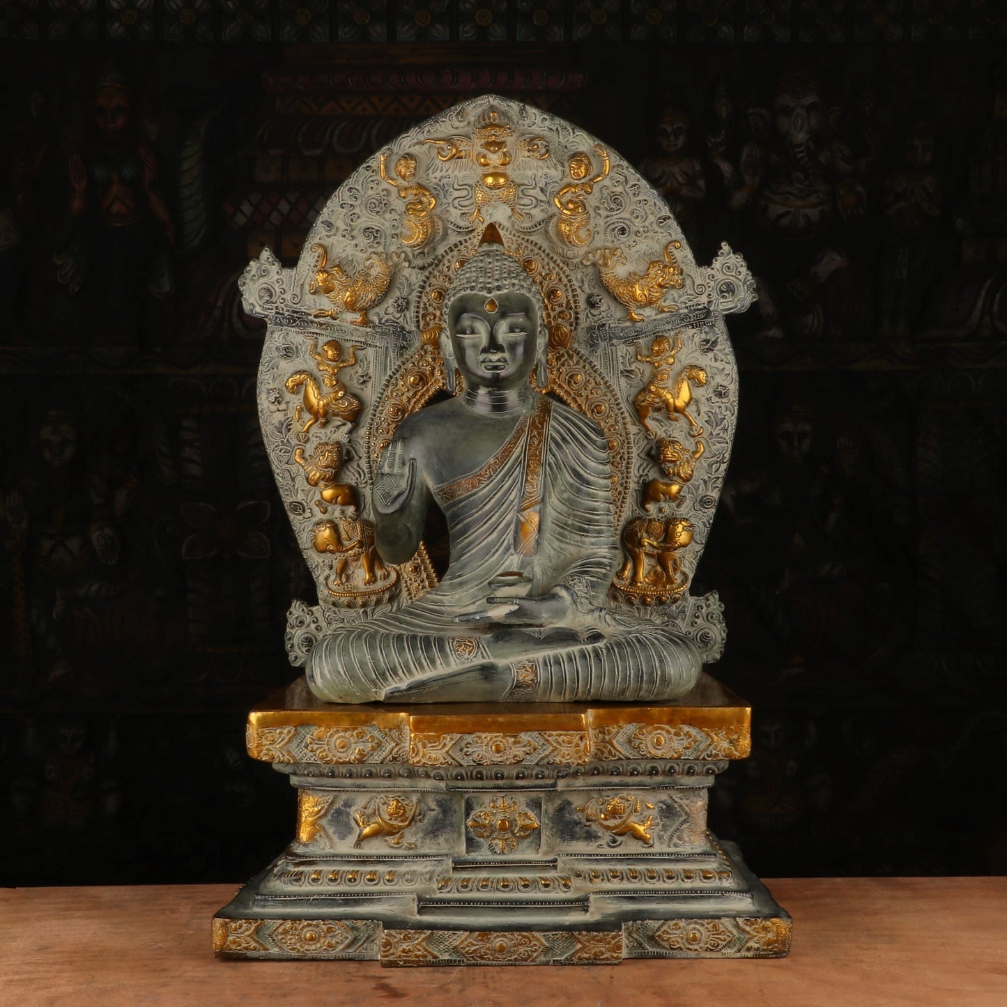 Brass Large Buddha Statue With Base And Frame Antique Finish For Decor 2 Feet