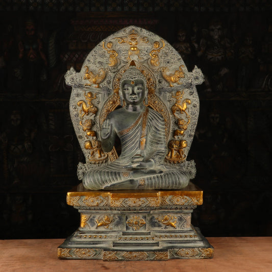 Brass Large Buddha Statue With Base And Frame Antique Finish For Decor 2 Feet