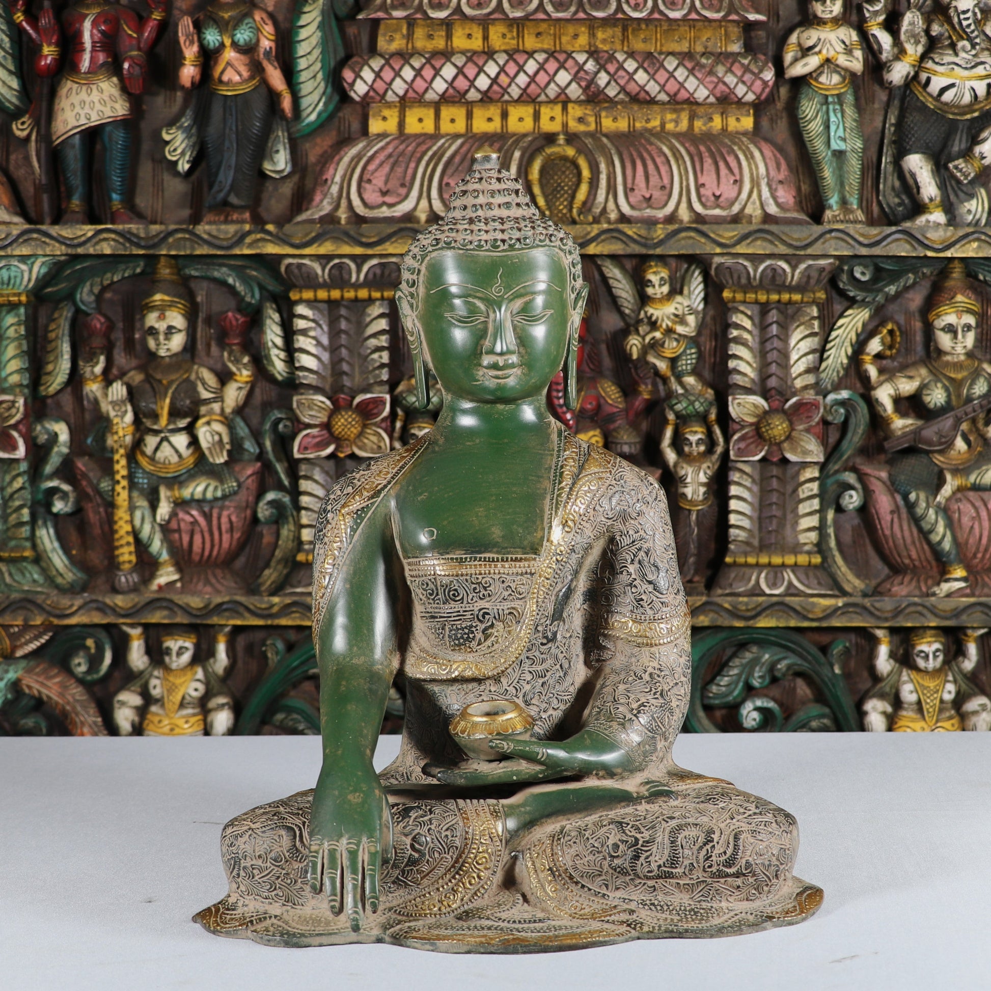 Brass Lord Buddha Statue Vintage Green Finish For Home Decor 16" - Image 2
