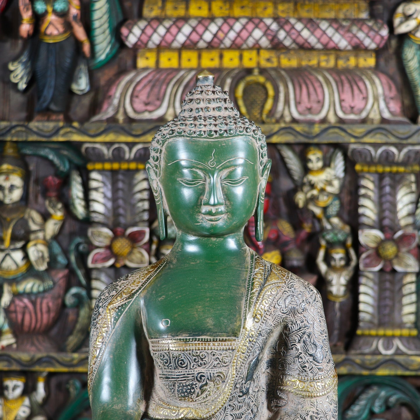 Brass Lord Buddha Statue Vintage Green Finish For Home Decor 16"