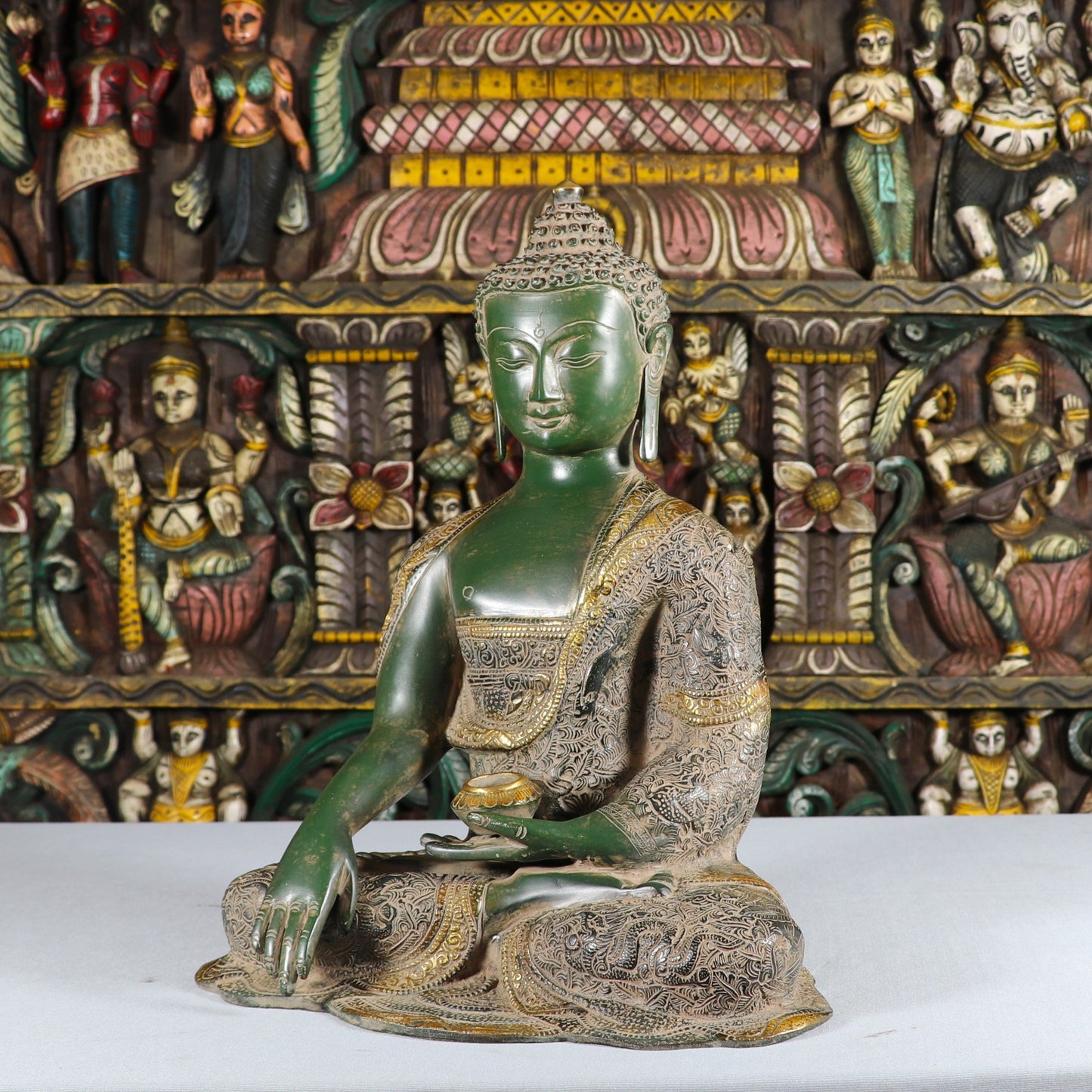 Brass Lord Buddha Statue Vintage Green Finish For Home Decor 16"