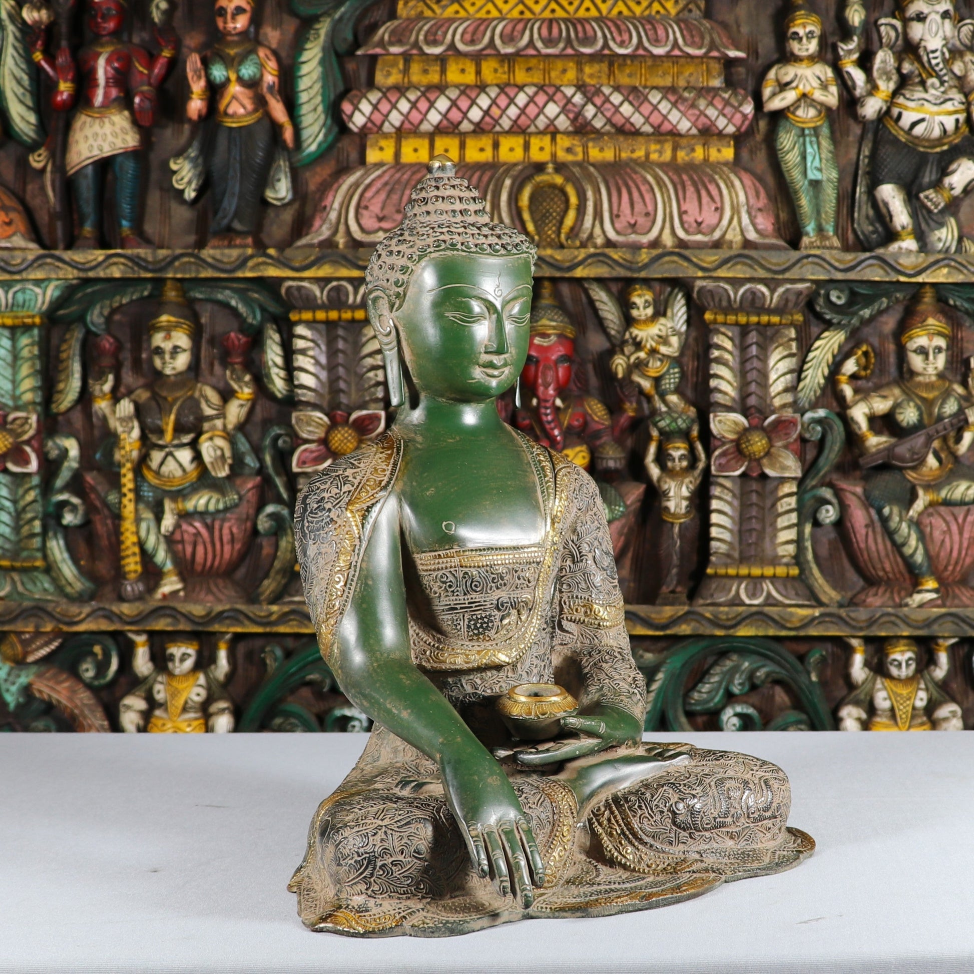 Brass Lord Buddha Statue Vintage Green Finish For Home Decor 16" - Image 4
