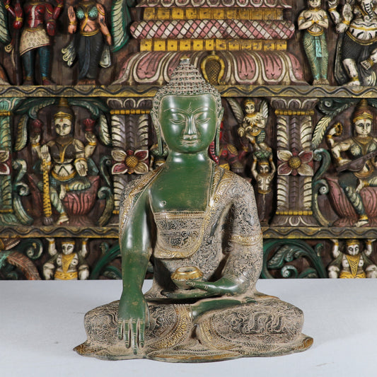 Brass Lord Buddha Statue Vintage Green Finish For Home Decor 16"