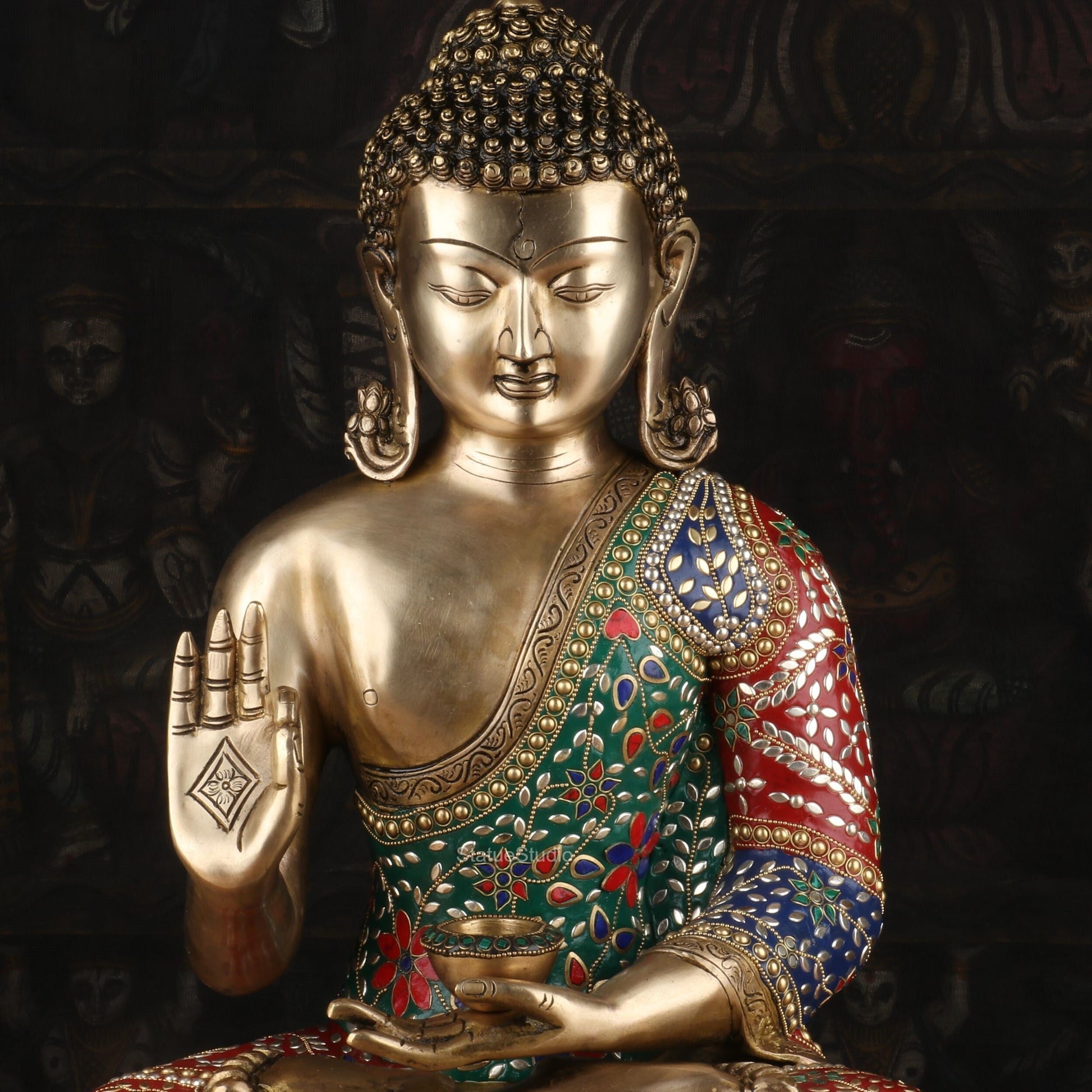 Brass Blessing Buddha Statue Stone Work For Home Decor Showpiece 20" - Image 2