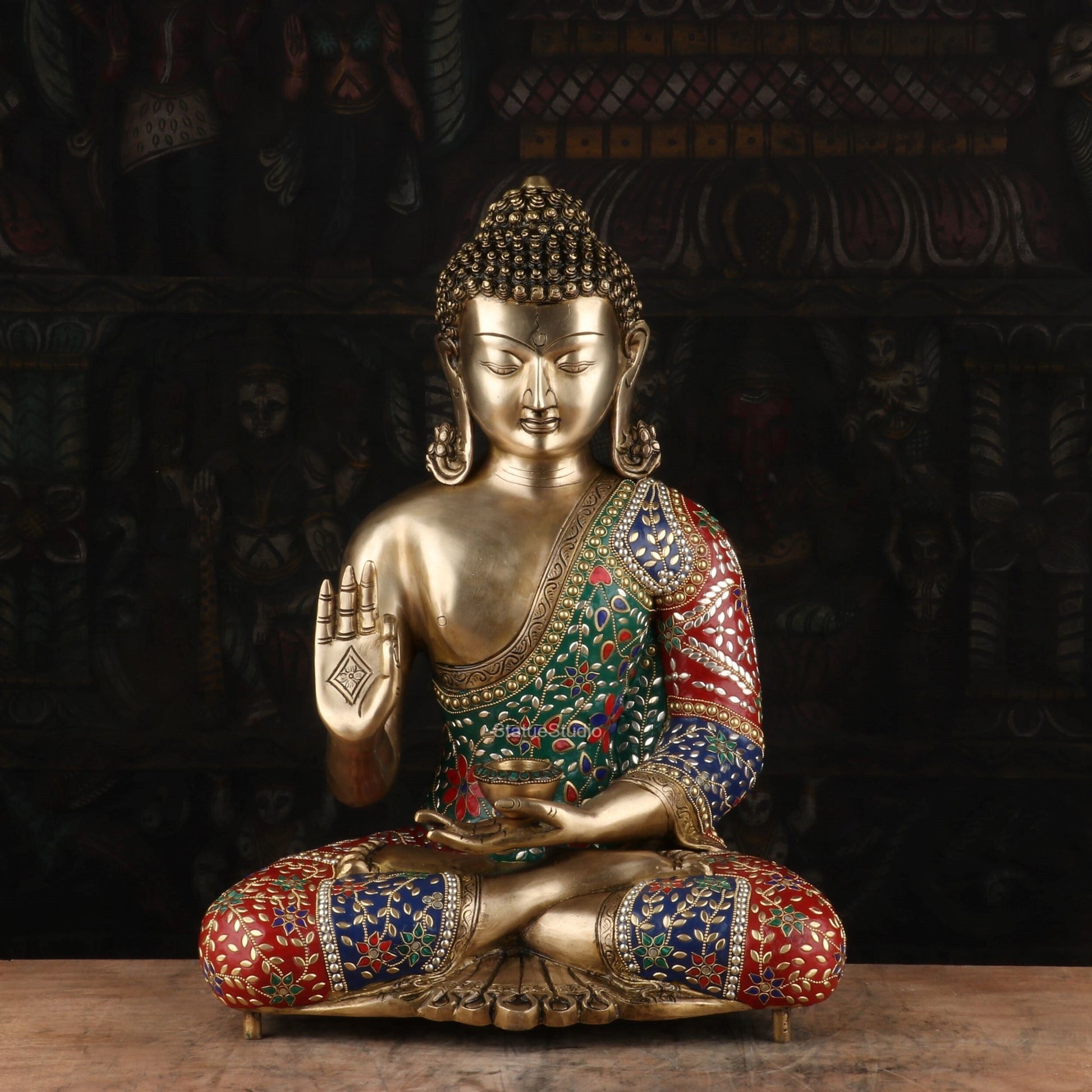Brass Blessing Buddha Statue Stone Work For Home Decor Showpiece 20" - Image 6