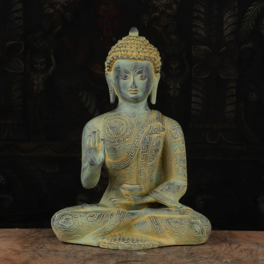 Brass Blessing Buddha Statue Vintage Blue Shed For Home Decor Showpiece 13"