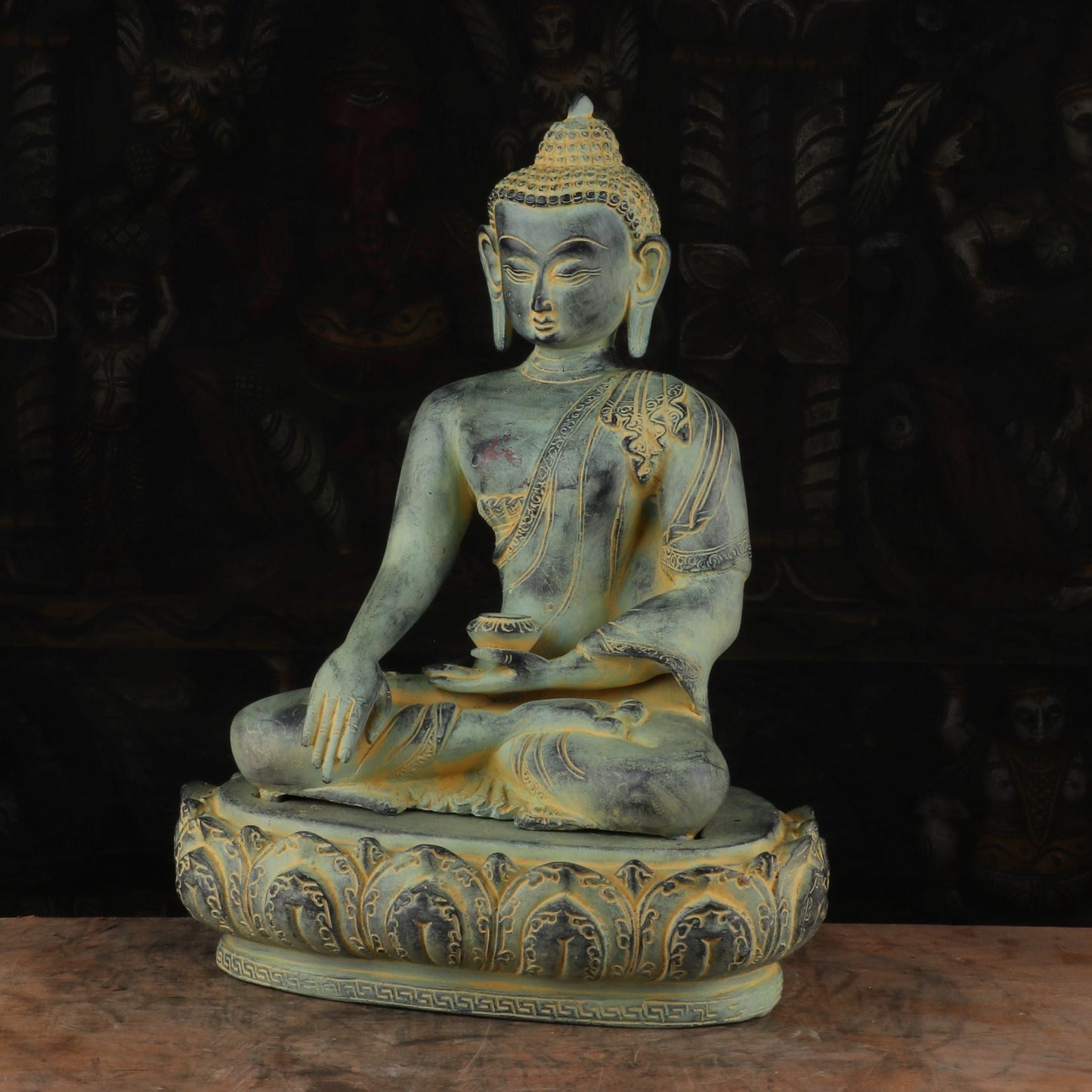 Brass Mediated Buddha Statue Blue Shed Showpiece For Home Decor 13"