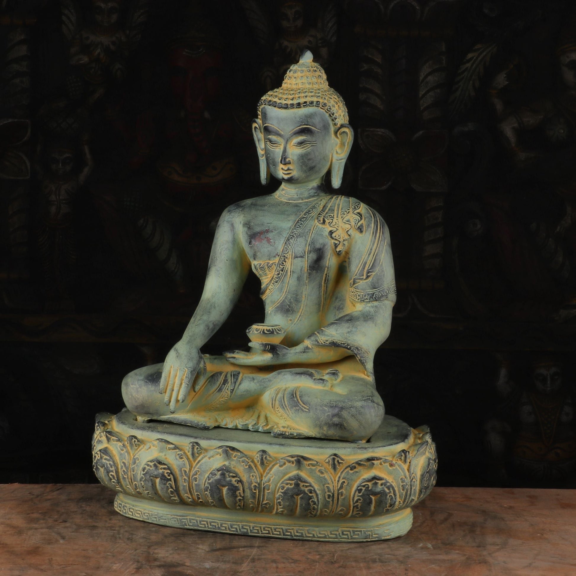 Brass Mediated Buddha Statue Blue Shed Showpiece For Home Decor 13" - Image 3