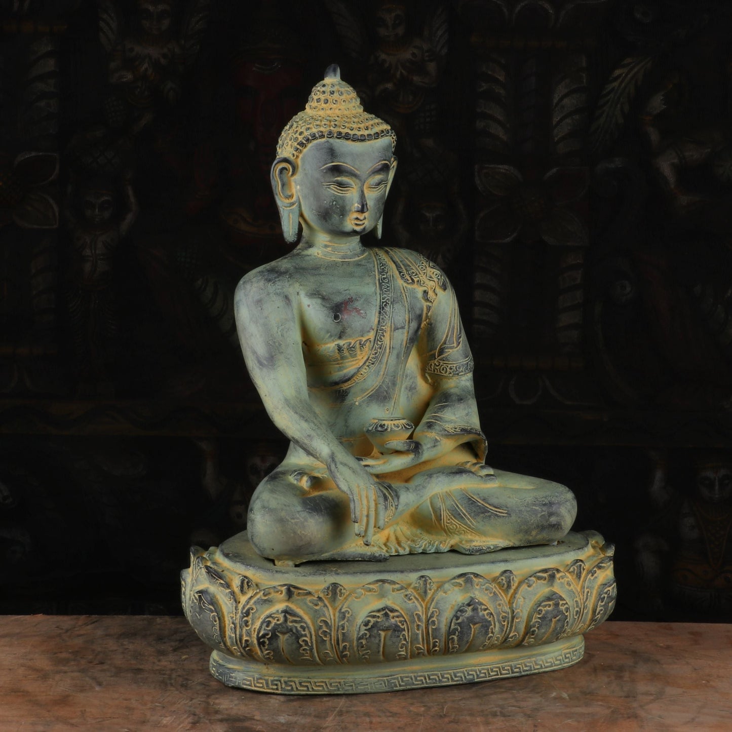 Brass Mediated Buddha Statue Blue Shed Showpiece For Home Decor 13"