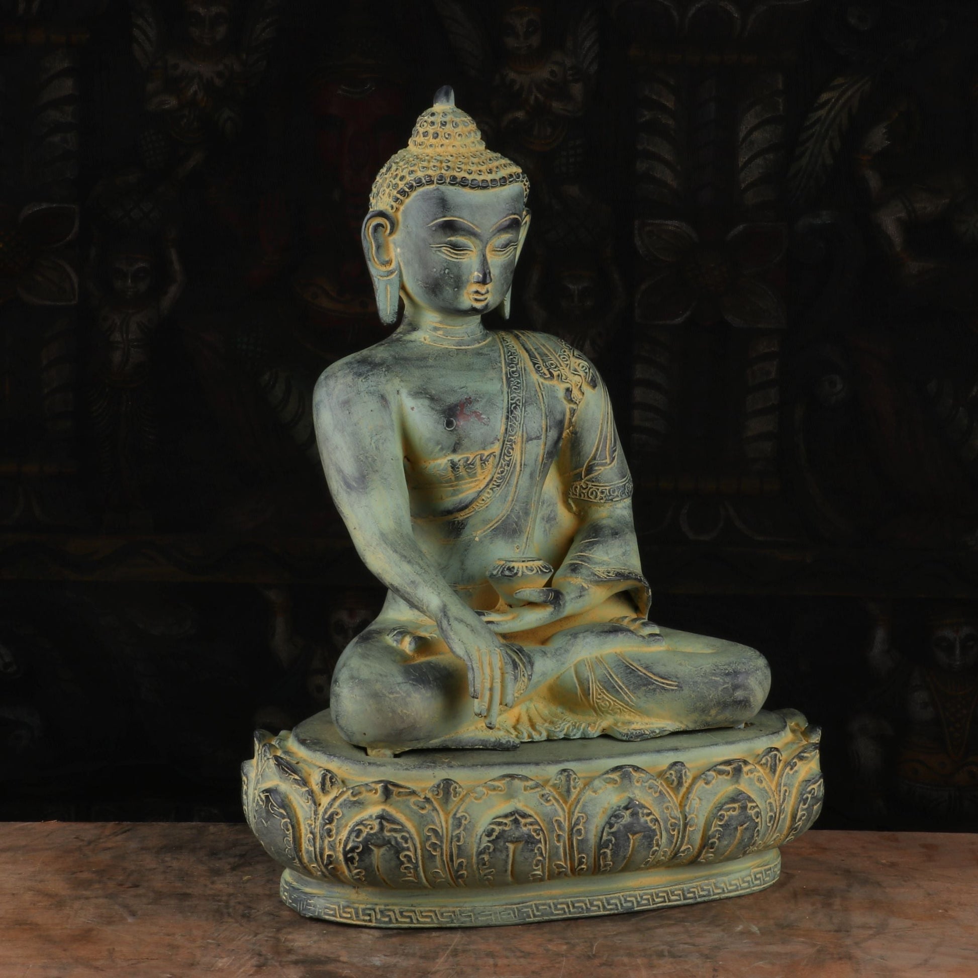 Brass Mediated Buddha Statue Blue Shed Showpiece For Home Decor 13" - Image 4