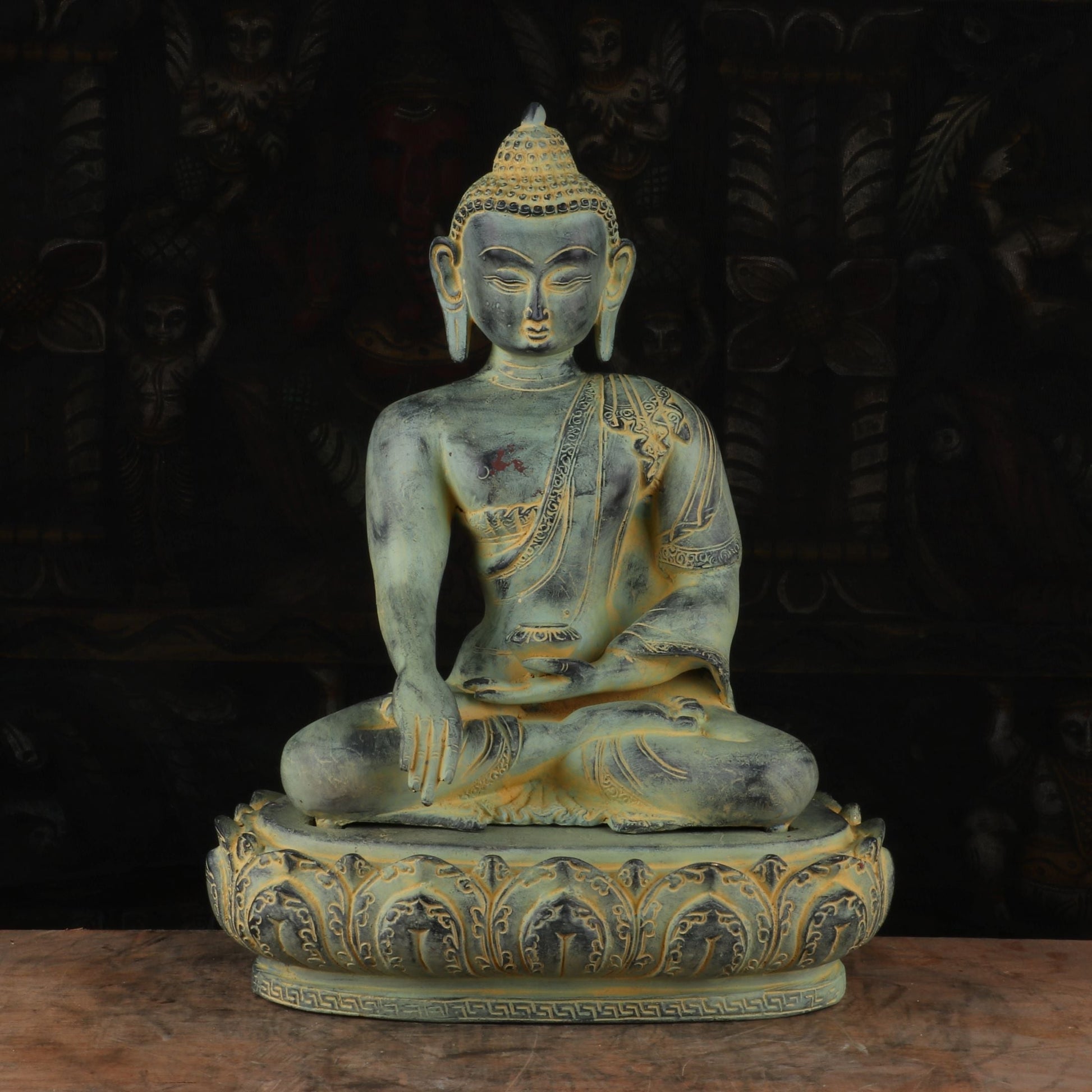 Brass Mediated Buddha Statue Blue Shed Showpiece For Home Decor 13" - Eco-friendly - Sama Homes