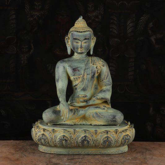 Brass Mediated Buddha Statue Blue Shed Showpiece For Home Decor 13"