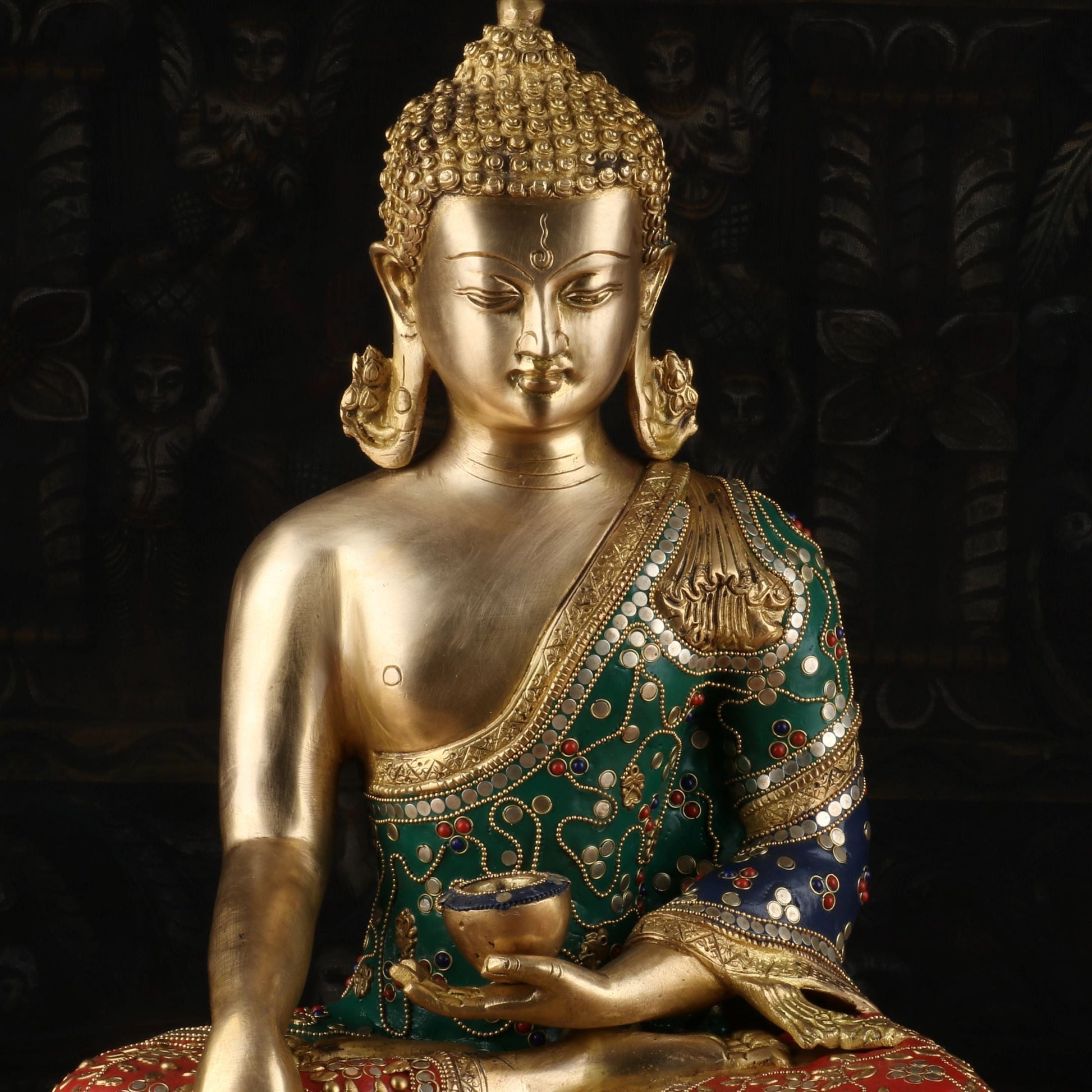 Brass Buddha Statue Stone Work Showpiece For Home Decor 15" - Image 3