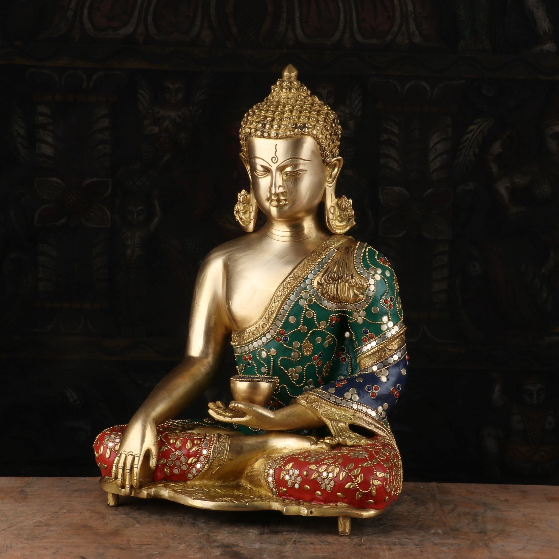 Brass Buddha Statue Stone Work Showpiece For Home Decor 15" - Image 4