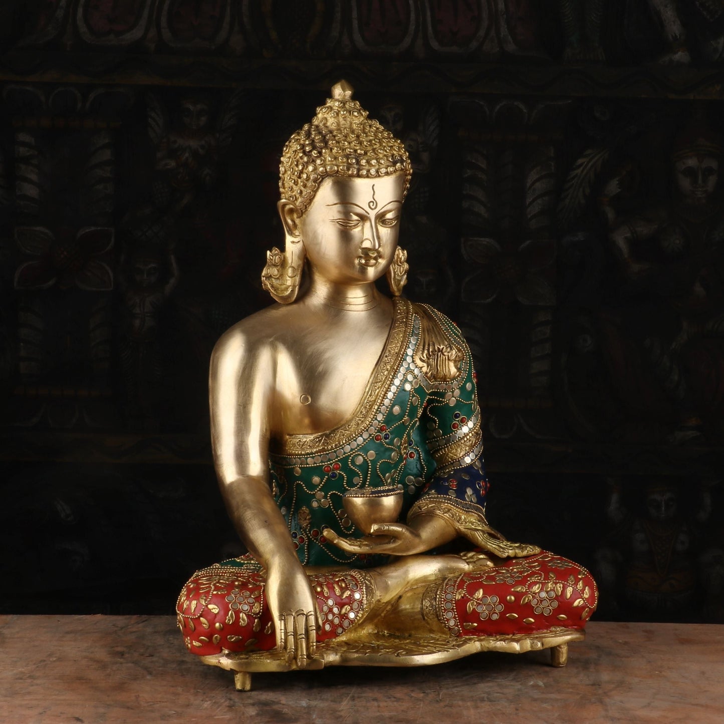 Brass Buddha Statue Stone Work Showpiece For Home Decor 15"