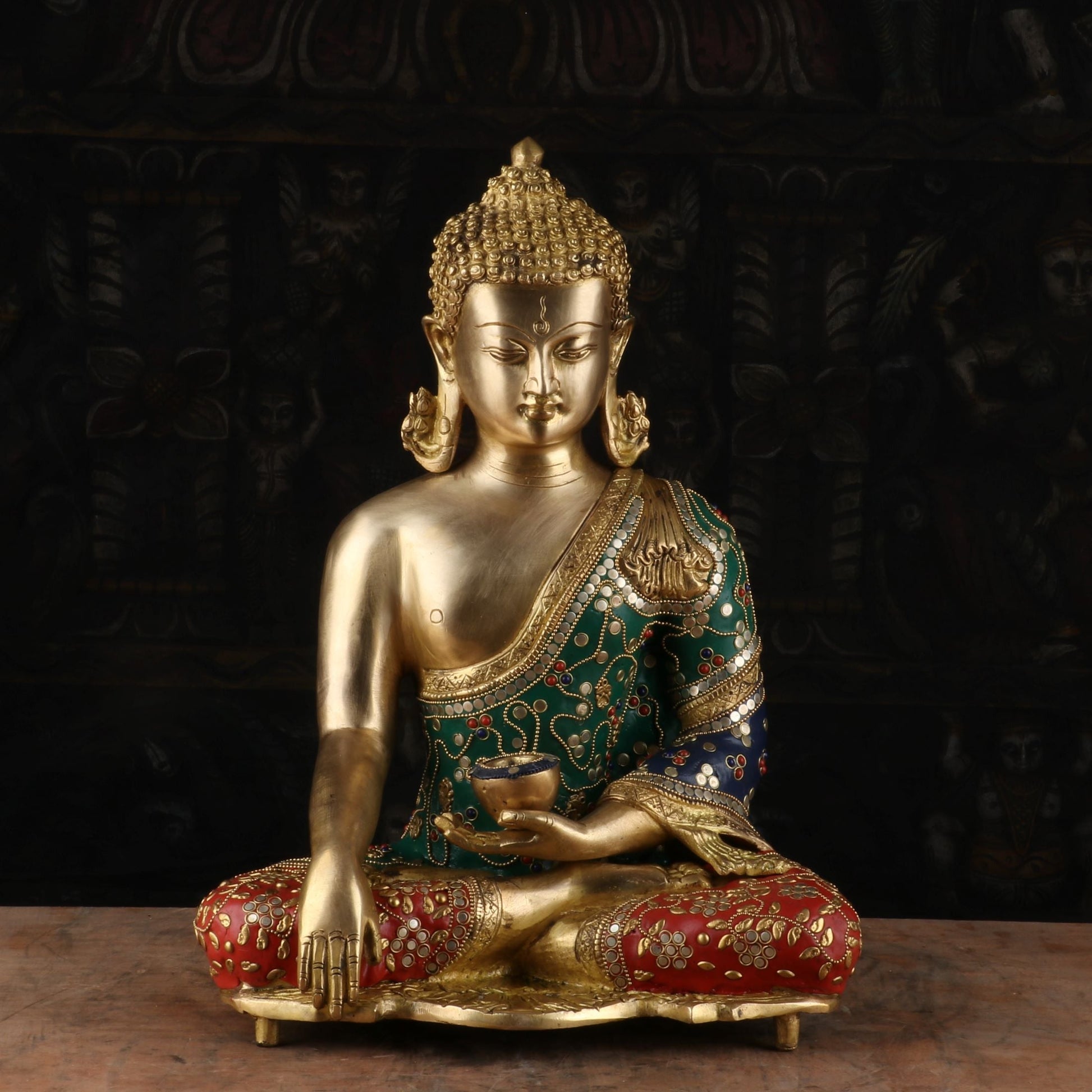 Brass Buddha Statue Stone Work Showpiece For Home Decor 15" - Eco-friendly - Sama Homes