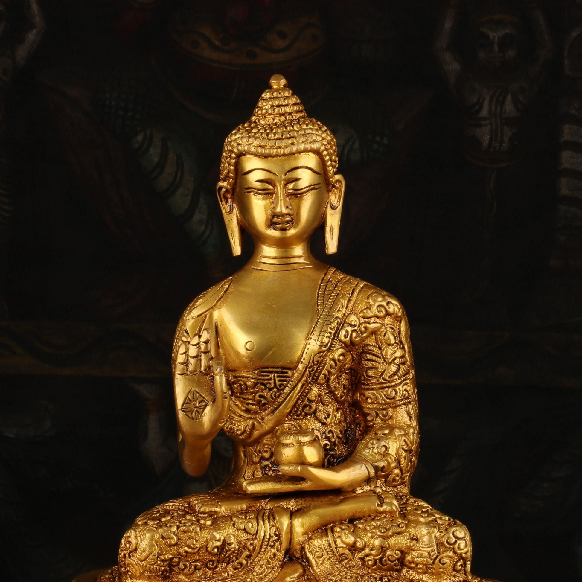 Brass Small Buddha Statue Sitting On Base For Home Decor Showpiece 9" - Image 3