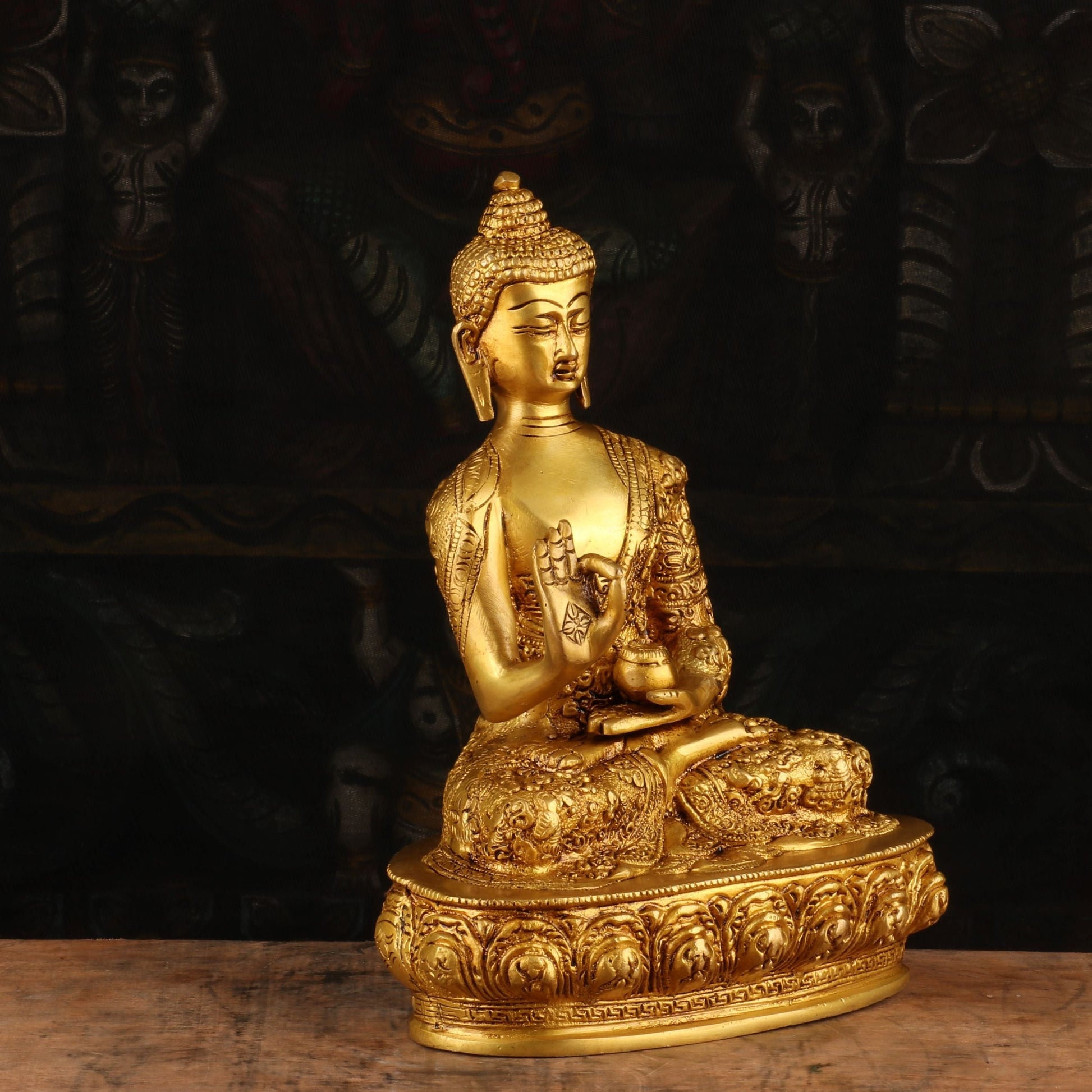 Brass Small Buddha Statue Sitting On Base For Home Decor Showpiece 9" - Image 5