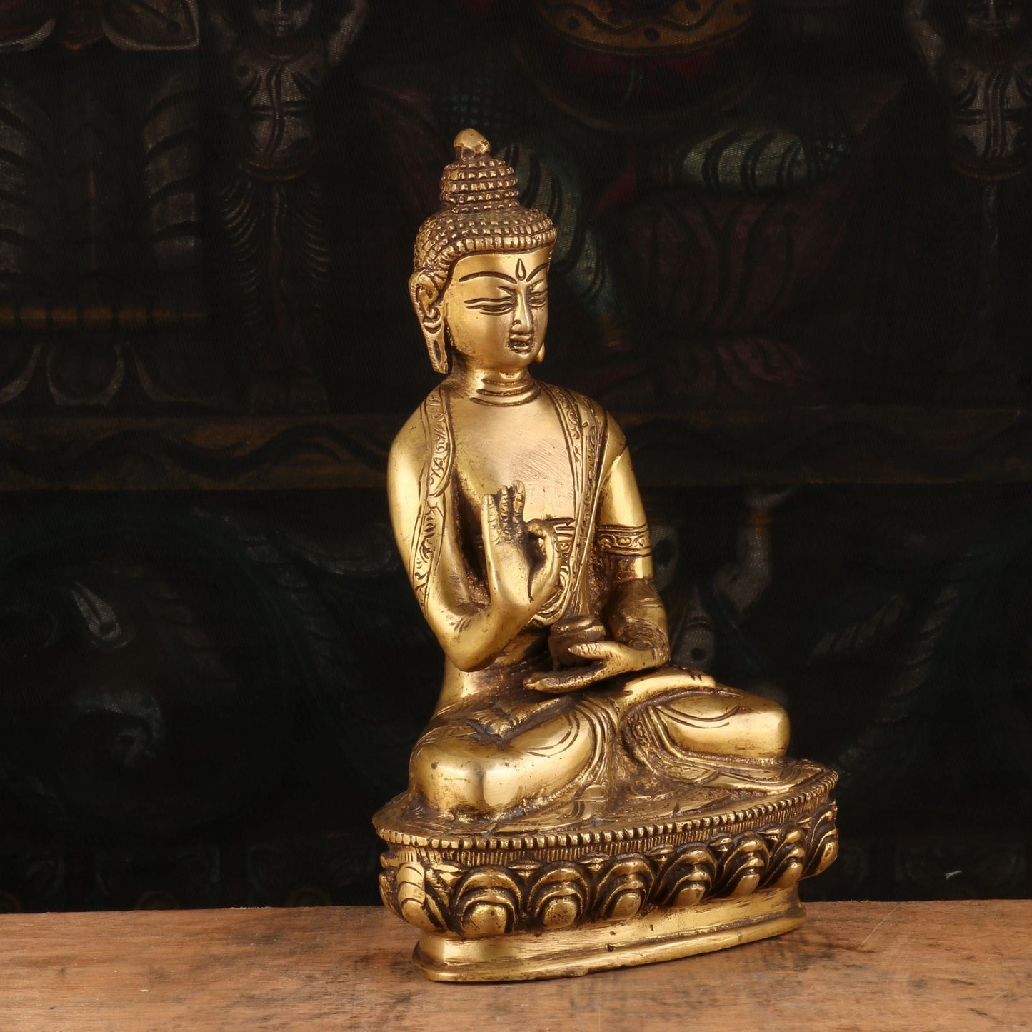 Brass Small Buddha Statue Sitting on base Decorative Showpiece 8"
