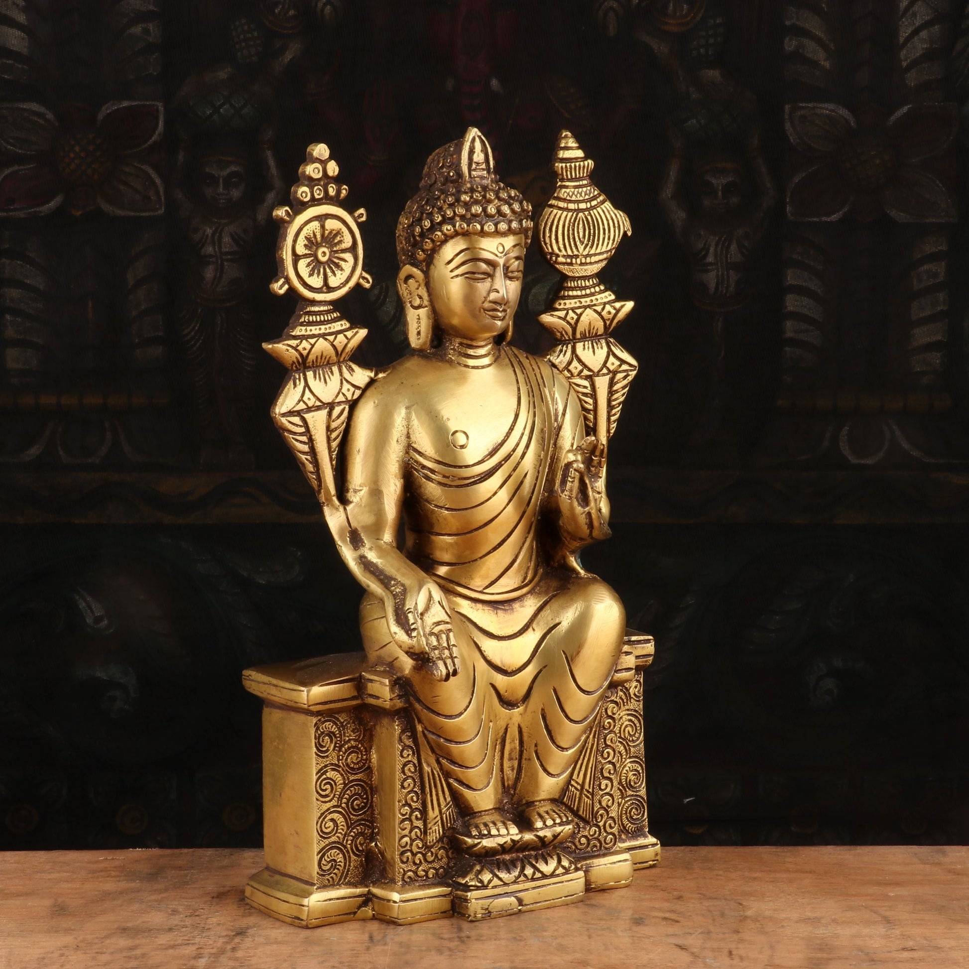 Brass Artistic Buddha Statue Sitting On Base For Home Decor Showpiece 10" - Image 3