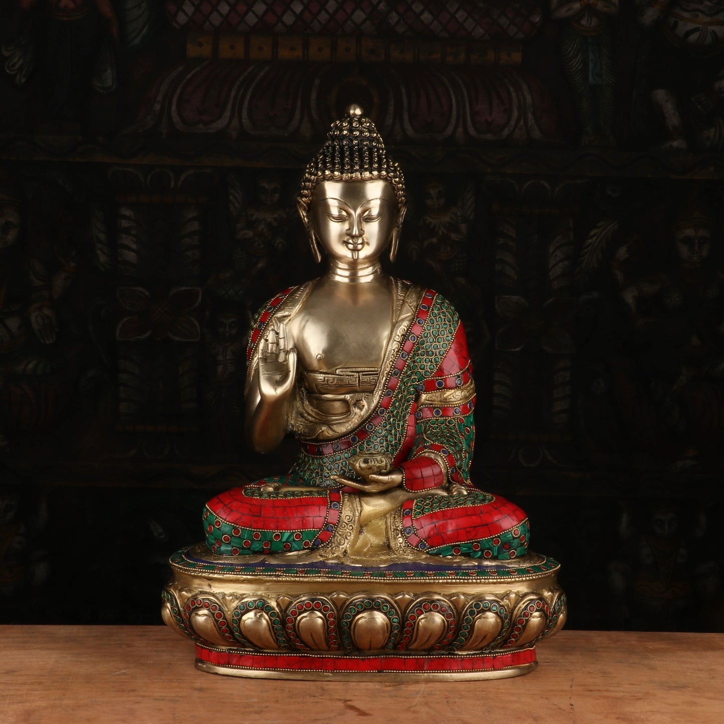 Brass Buddha Statue Sitting on Base Stone Work For Home Decor Showpiece 1.5 Feet