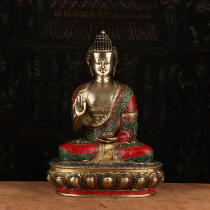 Brass Buddha Statue Sitting on Base Stone Work For Home Decor Showpiece 1.5 Feet by vendor-unknown - Buddha (View 2)