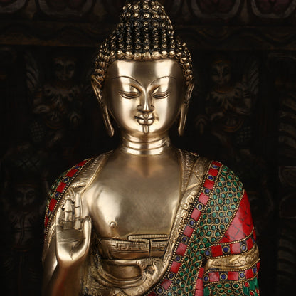 Brass Buddha Statue Sitting on Base Stone Work For Home Decor Showpiece 1.5 Feet by vendor-unknown - Buddha (View 3)
