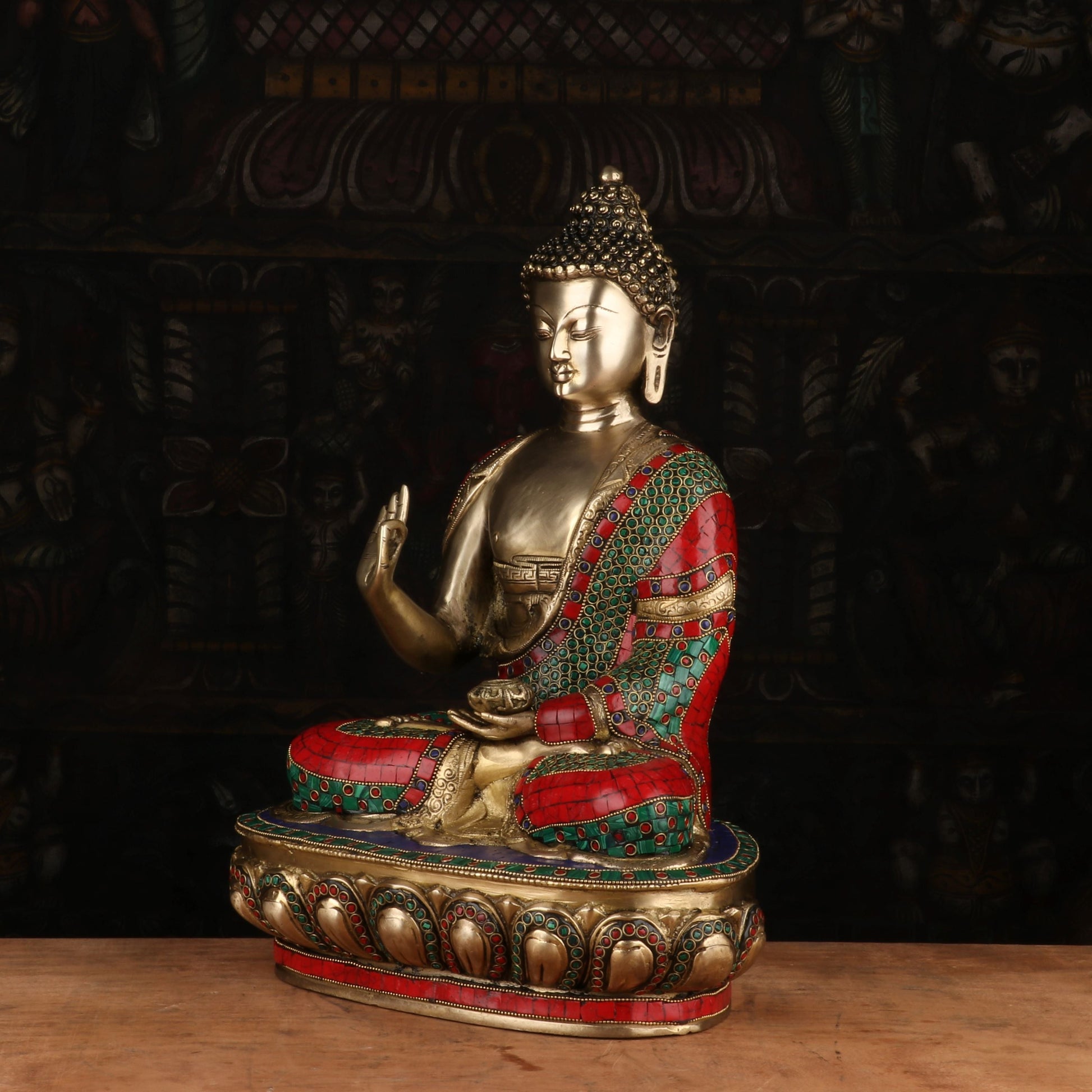 Brass Buddha Statue Sitting on Base Stone Work For Home Decor Showpiece 1.5 Feet - Image 4