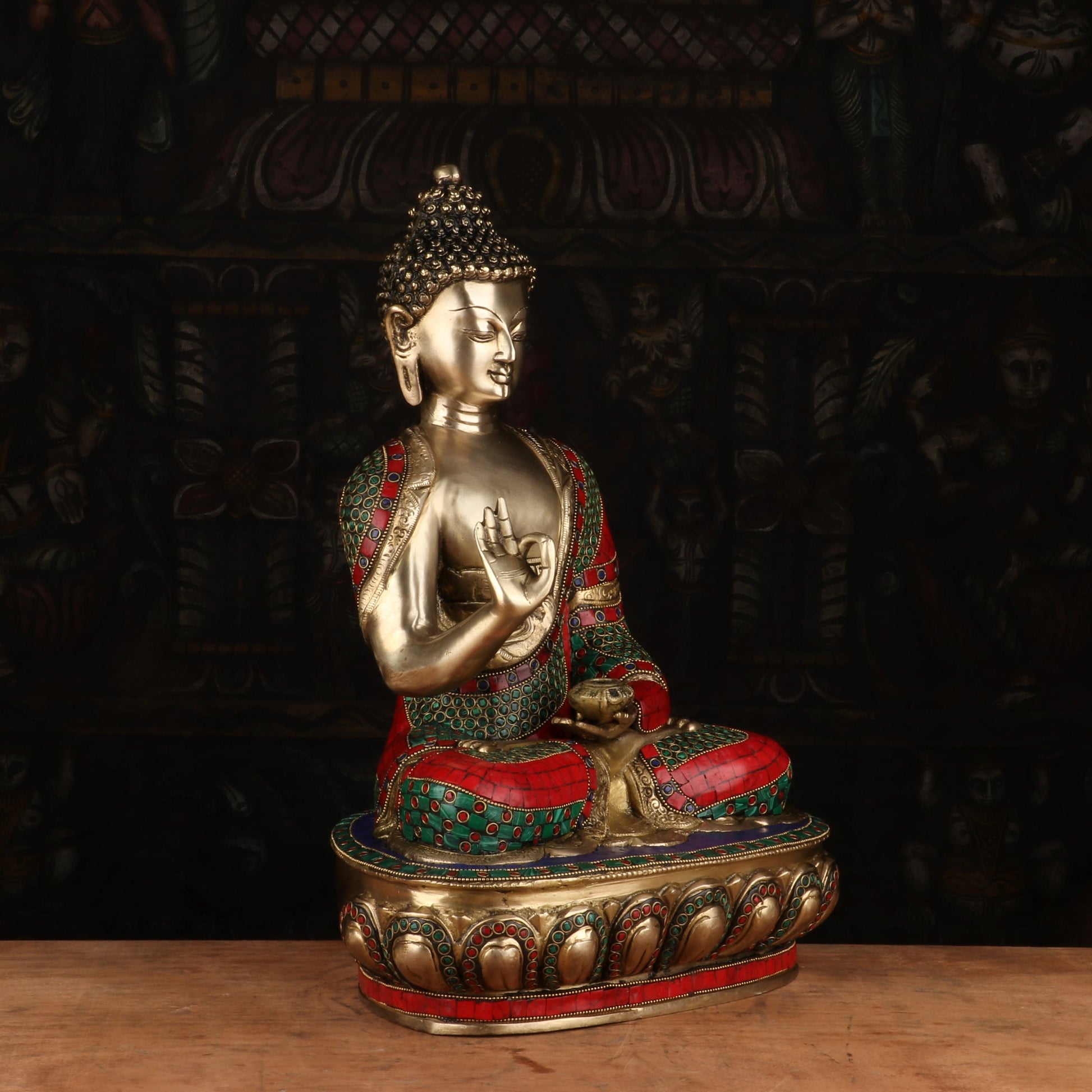 Brass Buddha Statue Sitting on Base Stone Work For Home Decor Showpiece 1.5 Feet - Image 5